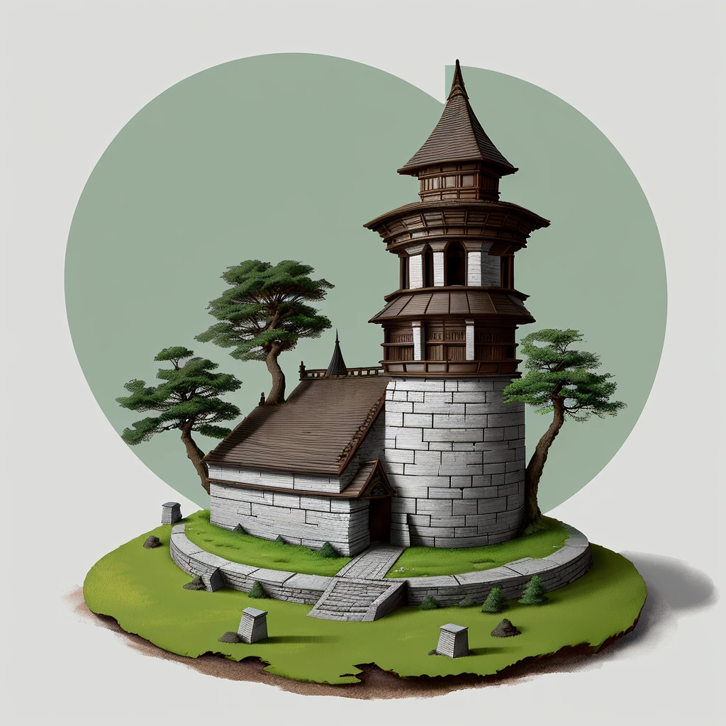 absurderes, Best quality, fantasy, isometry, Kneeling style (Miniature brick round tower:1.2), tree, stone wall, (Simple background:1.2)