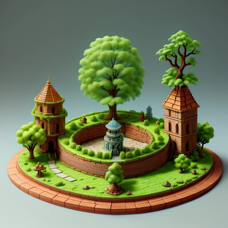 absurderes, Best quality, fantasy, isometry, Kneeling style (Miniature brick round tower:1.2), tree, stone wall, (Simple background:1.2)