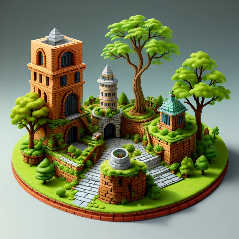 absurderes, Best quality, fantasy, isometry, Kneeling style (Miniature brick round tower:1.2), tree, stone wall, (Simple background:1.2)