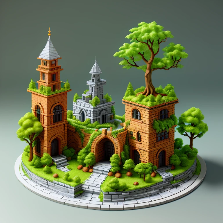 absurderes, Best quality, fantasy, isometry, Kneeling style (Miniature brick round tower:1.2), tree, stone wall, (Simple background:1.2)