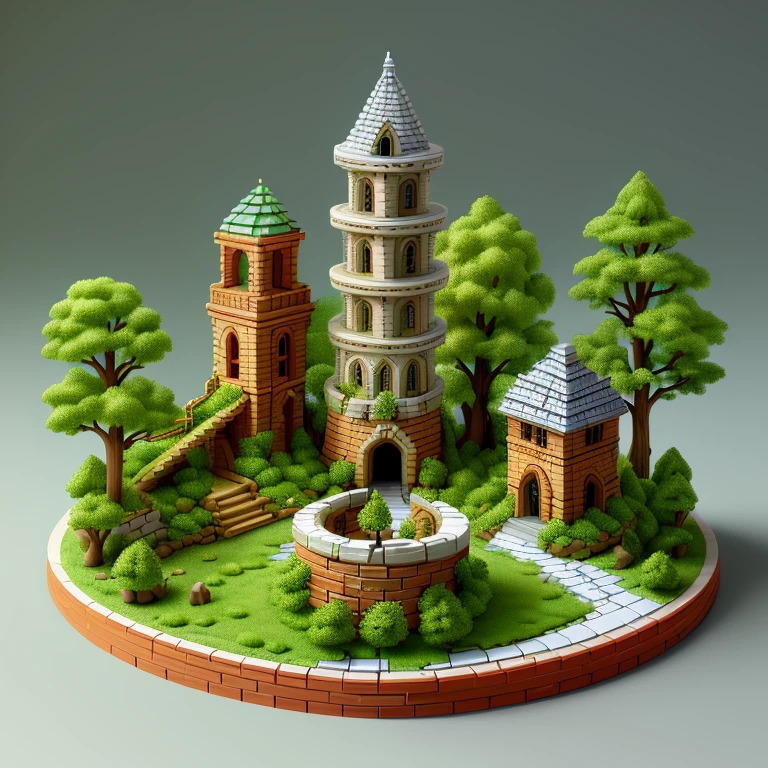 absurderes, Best quality, fantasy, isometry, Kneeling style (Miniature brick round tower:1.2), tree, stone wall, (Simple background:1.2)