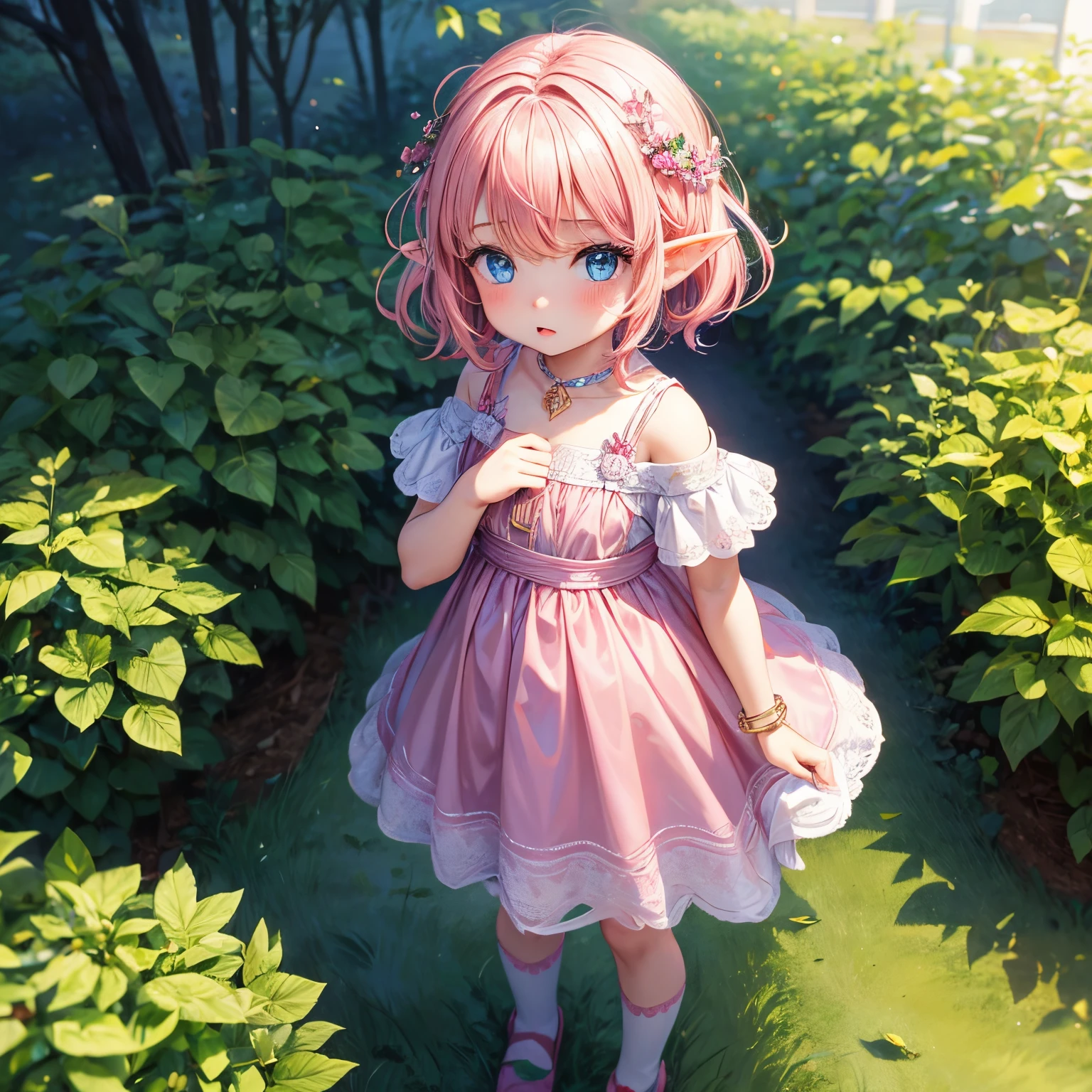 girl, girl child,girl, little girl, short wavy hair, blue eyes, elf, pink hair, alone
