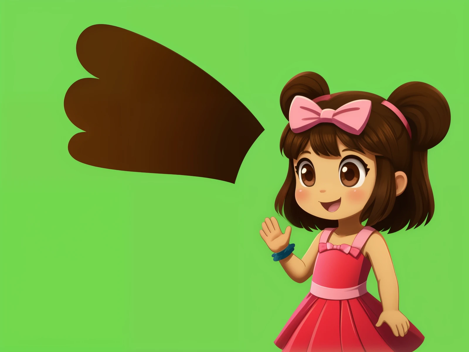 Profile image of a single 5 year old girl, alone, happy, with brown hair, brown eyes, rosy cheeks, waving her hand, green background, chroma key background, pink dress, pink gloves, pink bows on her head, style 2D children's illustration.