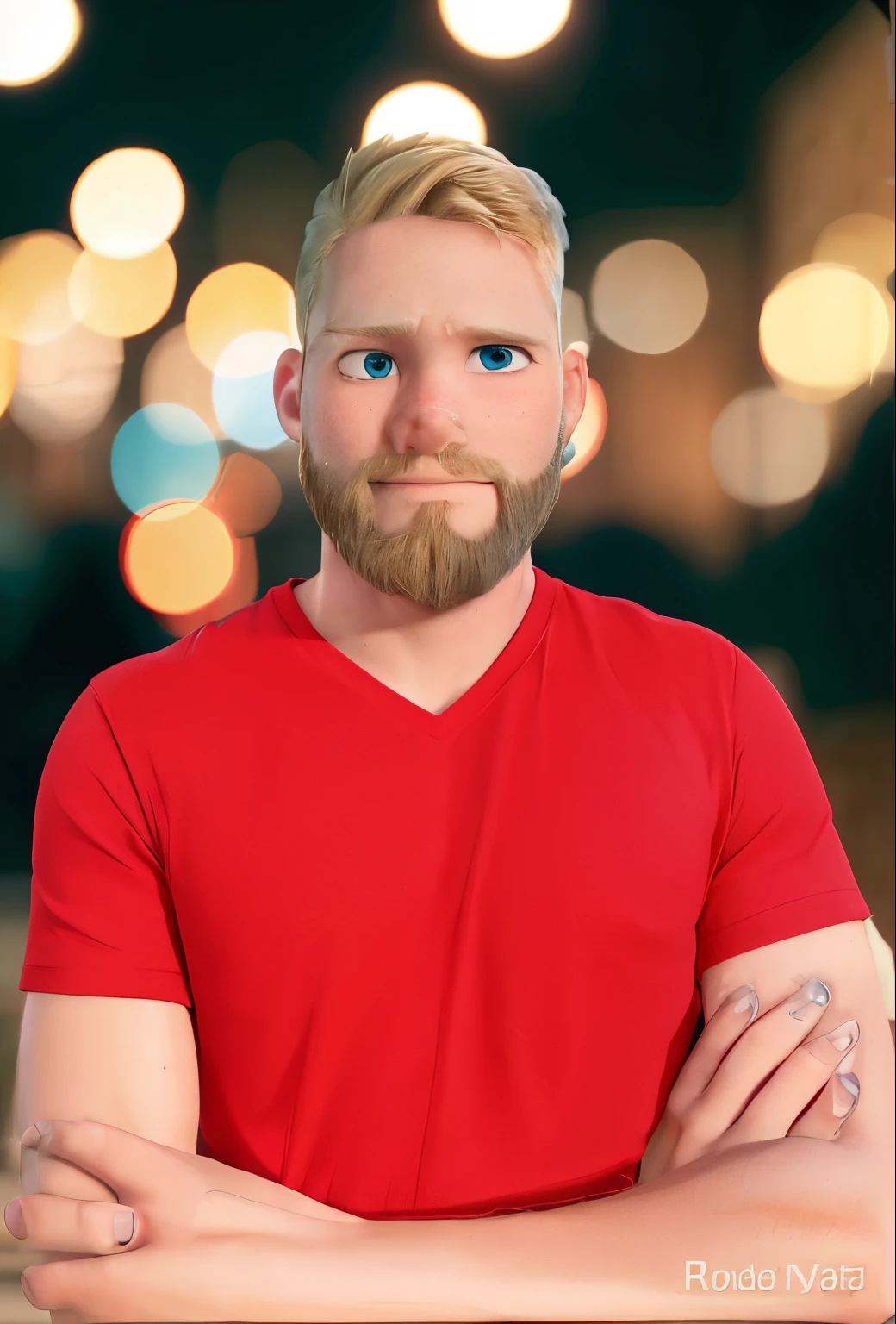 A boy with blond blue eyes, short beard, red t-shirt and crossed arms.