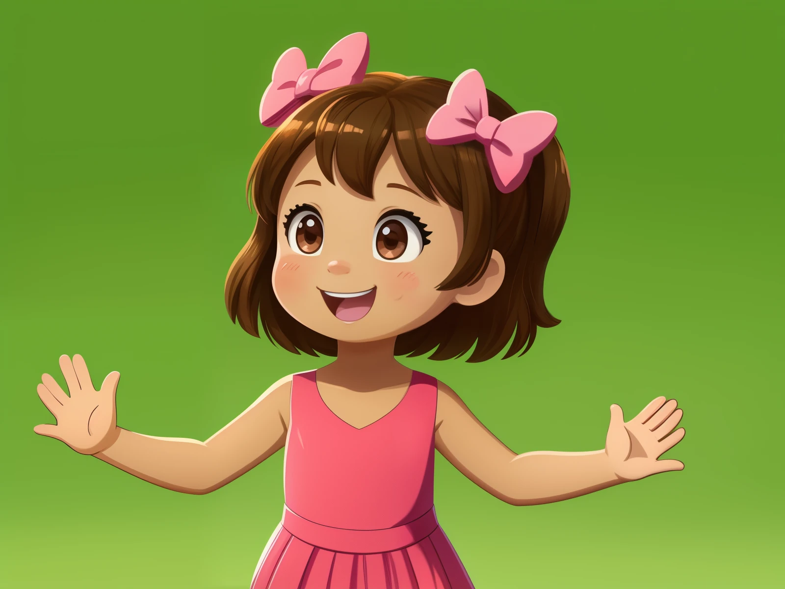 Profile image of a single 5 girl, alone, happy, with brown hair, brown eyes, rosy cheeks, waving her hand, green background, chroma key background, pink dress, pink gloves, pink bows on her head, style 2D children's illustration.