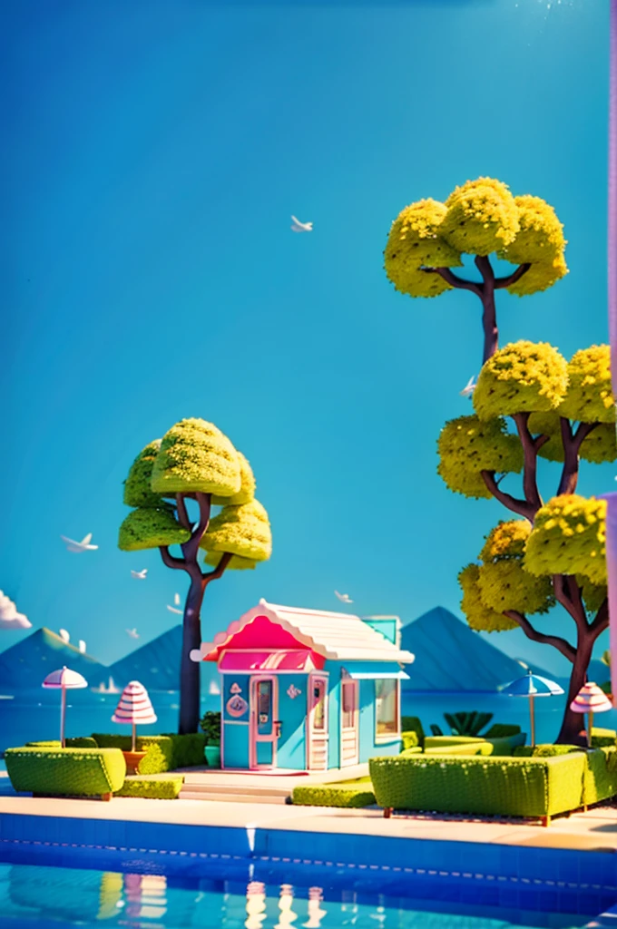 the ice cream shop,3D realism,Cute toy sculpture style,Suhiro Maruo,Pink and amber,k-pop,super detailing,2.5D,isometry,clean backdrop,Fine shine,Popmart blind box,3Drenderingof,C4D,Blender,best qualtiy,Perfect detail --ar 3:4
6、A modern home in a dark city,There is swimming pool and leaf trees,Surrealist pop style,Glowing pastels,Neon style pop art,Ocean punk,Mediterranean style,isometry,clean backdrop,Fine shine,Popmart blind box,3Drenderingof,C4D,Blender,best qualtiy,Perfect detail --ar 3:4