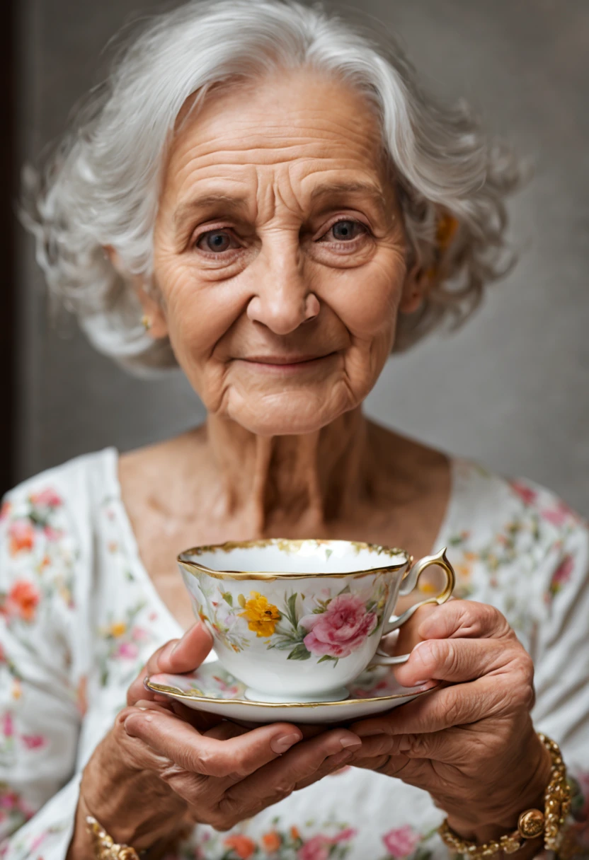 a printed cup of tea, the "cup" has a flower print on it, and 1 grandmother, elderly woman, 70 years old, standing up holding a white porcelain gold rimmed cup with saucer, the cup has white with a little gold on the rim, also a flower photo printed on the cup, the cup an saucer are traditional, full body front, natural breast, vibrant eyes, realistic photograph, natural lighting, (best quality,4k,8k,highres,masterpiece:1.2),ultra-detailed,(realistic,photorealistic,photo-realistic:1.37),