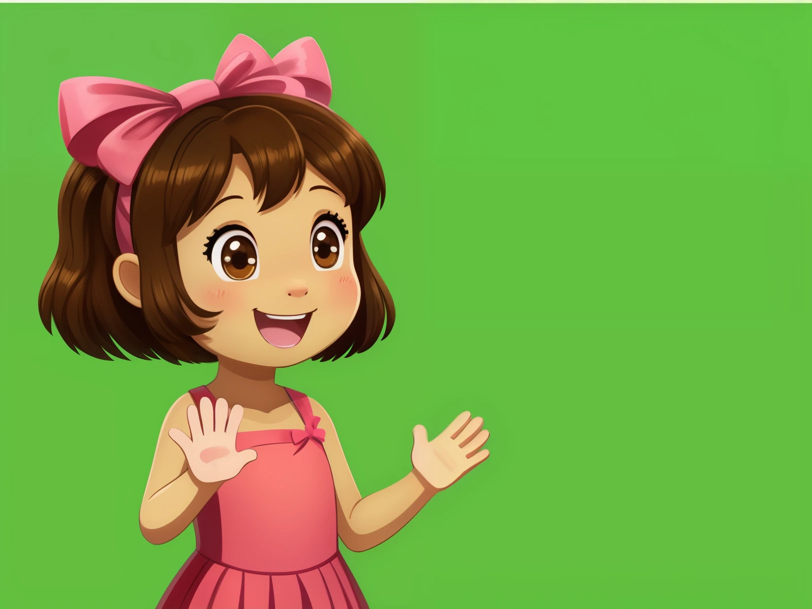 Profile image of a single 5 year old girl, alone, happy, with brown hair, brown eyes, rosy cheeks, waving her hand, green background, chroma key background, pink dress, pink gloves, pink bows on her head, style 2D children's illustration.