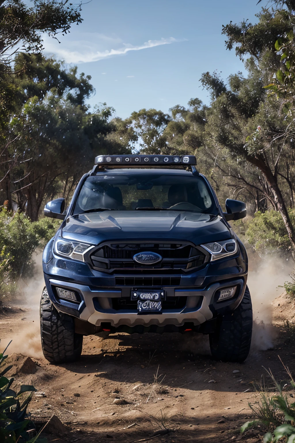A 2020 navy blue ford Everest titanium, with 1 inch lift, with a black bullbar, in the bush, 4 wheel driving Disney Pixar cars, Disney cartoon