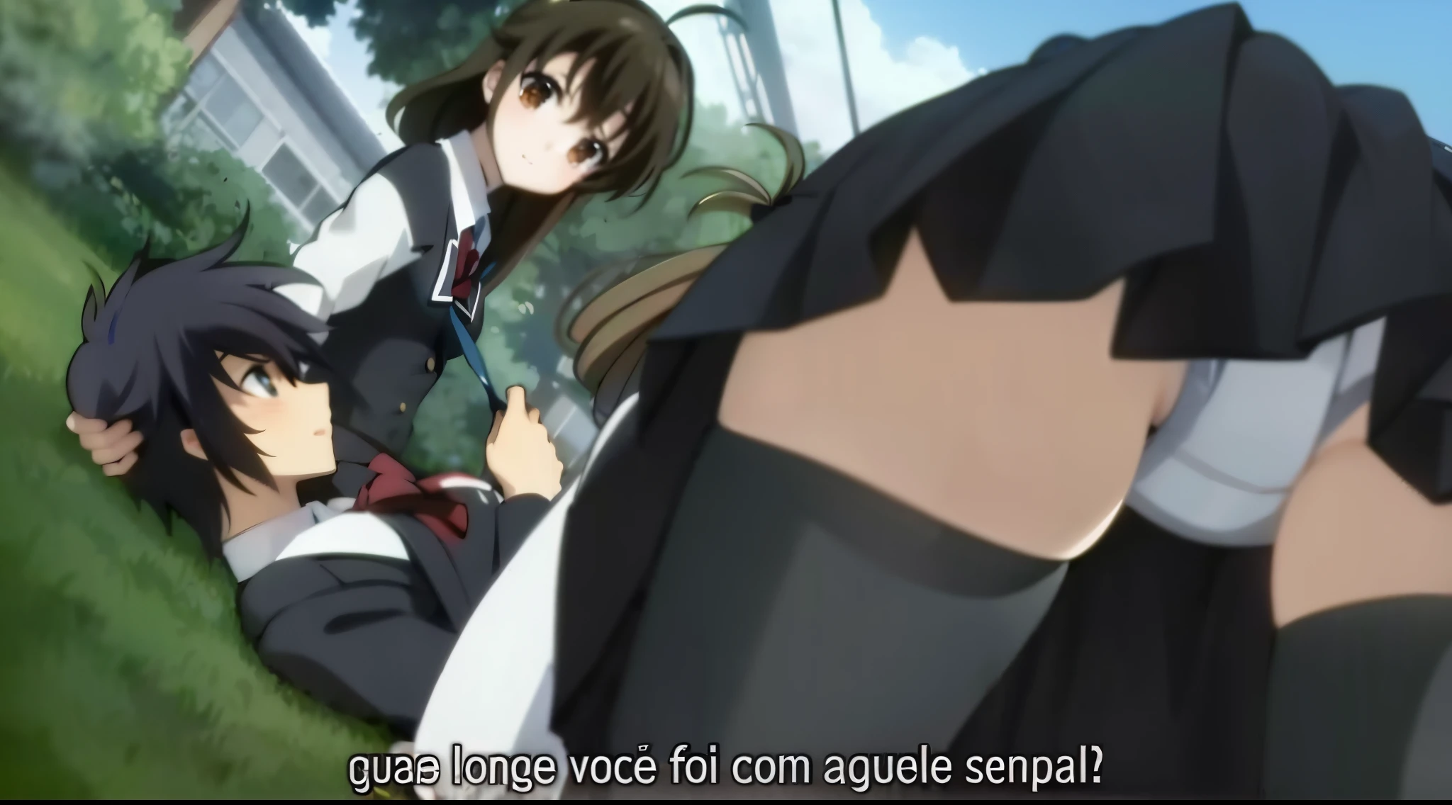 Anime scene of a group of people in a field with a building in the background, cuta anime, Haruhi Suzumiya, Iwakura Lain, Close Up Iwakura Lain, highschool dxd, screencap anime, ( ( Massa Amane # ) ), Clannad, cavaleiro vampiro feminino, Ando Tadao, Lain Iwakura, estrela