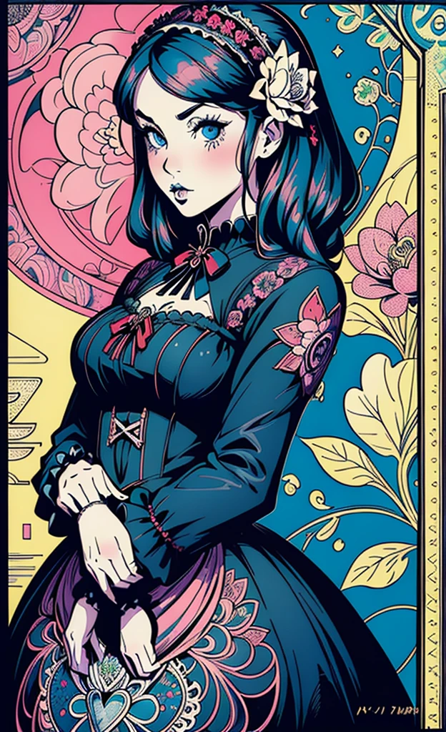 (masterpiece, top quality, best, official art, beautiful and aesthetic:1.2),
1girl, (pop art:1.4), (zentangle, flower effects:1.2), (art nouveau:1.1),(Gothic ****ta:1.3)