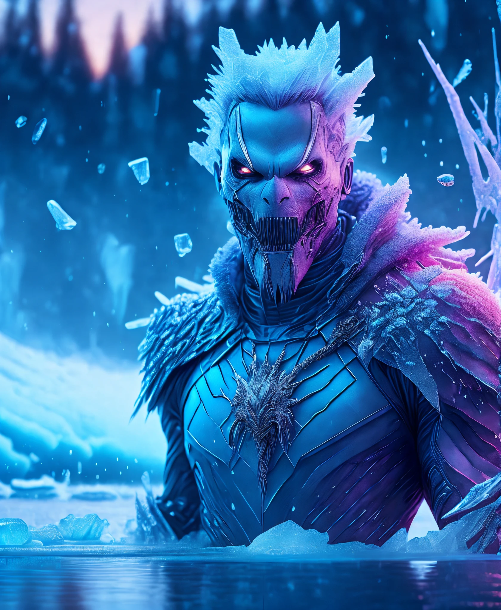(extremely detailed 8k wallpaper), Close-up ( creepy  Ice-man From Marvel dressed in Goth style: 1.3) emerging from a frozen lake, colourful nature colours, extremely detailed, volumetric lighting