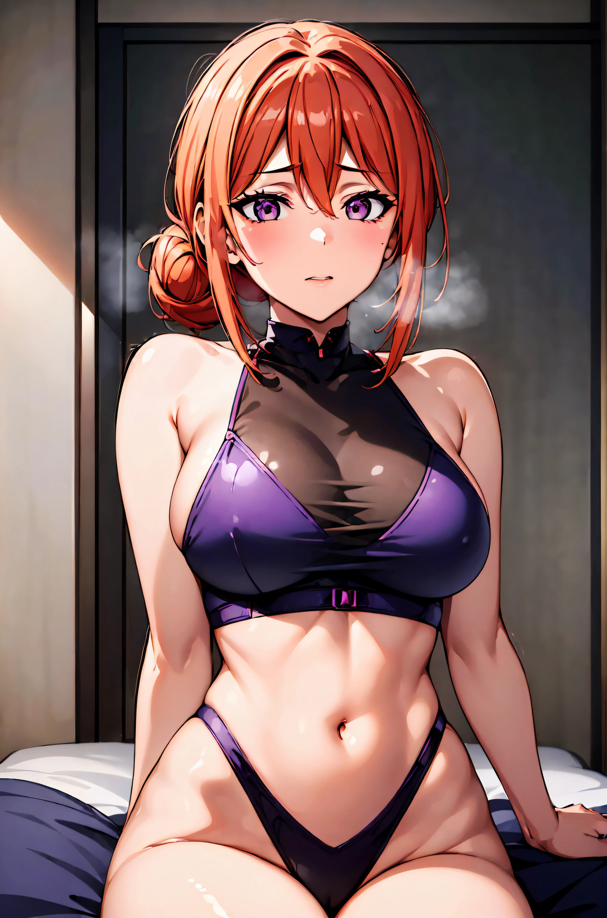 (day:1.7),in summer,in the cyberpunk city,modern apartment, in the BEDroom, Standing at attention, Sitting on tatami, Purple bikini hair_between_eyes, hair_bun, orange_hair,brown_eyes, 1 girl, 24yo,mature female,Beautiful Finger,Beautiful long legs,Beautiful body,Beautiful Nose,Beautiful character design, perfect eyes, perfect face, looking at viewer, in the center of the image, NSFW,official art,extremely detailed CG unity 8k wallpaper, perfect lighting,Colorful, Bright_Front_face_Lighting, (masterpiece:1.0),(best_quality:1.0), ultra high res,4K,ultra-detailed, photography, 8K, HDR, highres, absurdres:1.2, Kodak portra 400, film grain, blurry background, bokeh:1.2, lens flare, (vibrant_color:1.2) (Beautiful,medium_Breasts:1.6), (beautiful_face:1.5),(narrow_waist),