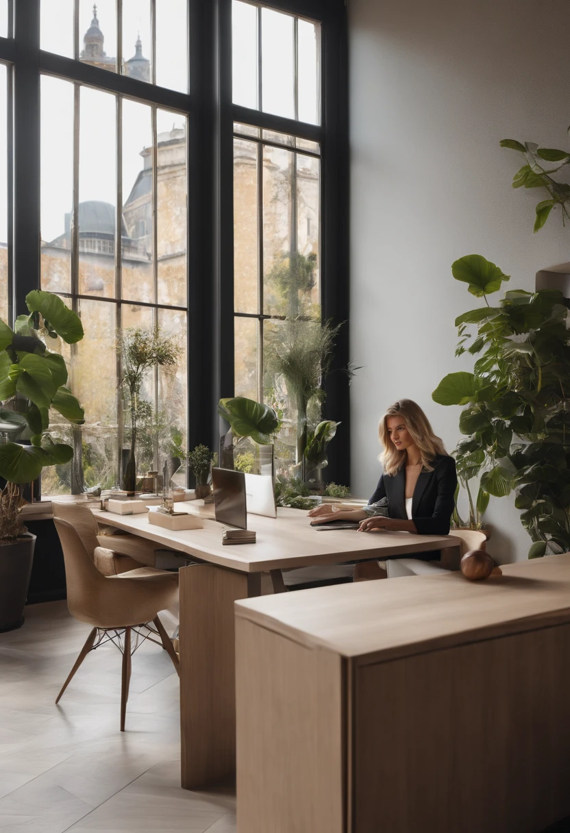 L'environnement : Le bureau de cette femme blonde respire l'efficacité et la créativité. Les murs sont d'une teinte neutre, mettant en valeur des œuvres d'art abstraites qui ajoutent une touche artistique à l'espace. La pièce est baignée de lumière naturelle grâce à de grandes fenêtres offrant une vue inspirante sur la ville. Son bureau est soigneusement organisé, avec un ordinateur portable dernier cri et des accessoires de bureau assortis. Des plantes vertes apportent une touche de vie, créant une atmosphère harmonieuse. Sur les étagères, on trouve une collection de livres professionnels et de romans inspirants, reflétant à la fois sa passion pour son travail et son amour pour la lecture. Une tasse de café fumante repose à côté de son clavier, témoignant de son besoin d'énergie constante pour relever les défis du quotidien. La tenue vestimentaire : La femme blonde porte une tenue professionnelle qui allie style et élégance. Elle a opté pour une blouse blanche bien coupée, mettant en valeur sa silhouette tout en conservant une touche de sophistication. Un blazer ajusté apporte une note professionnelle à sa tenue, accentuant son engagement envers son travail. Le bas de son ensemble est composé d'un pantalon ajusté de couleur neutre, soulignant son sens du style moderne et professionnel. Des talons hauts noirs complètent sa tenue, lui conférant une démarche assurée et confiante. Des bijoux discrets ajoutent une touche de féminité sans être ostentatoires. Ses cheveux blonds sont coiffés de manière professionnelle, reflétant sa confiance en elle-même et son souci du détail. Globalement, la femme blonde incarne l'équilibre parfait entre professionnalisme et style, créant un environnement de travail où elle se sent à la fois compétente et inspirée. toute en regardant en droit vers la camera