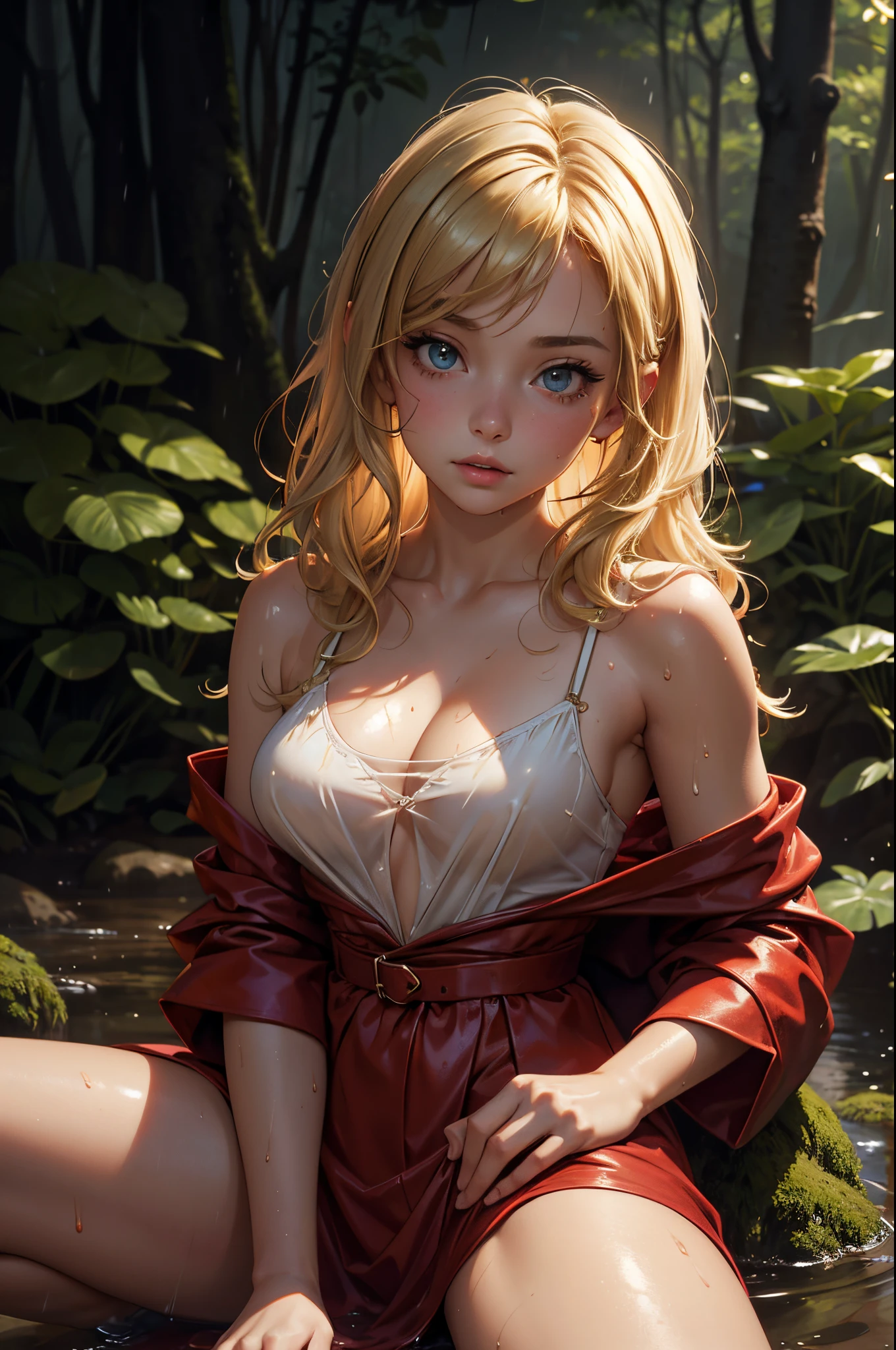 (masterpiece), (best quality), (detailed), light layer, 1solo girl, young girl in the forest in the rain, sexy red colonial dress, perfect body, blonde hair, defined chest, defined collarbone, ultra realistic, photorealistic, detailed, wet clothes, wet_hair, leg holster, lying_down on her side