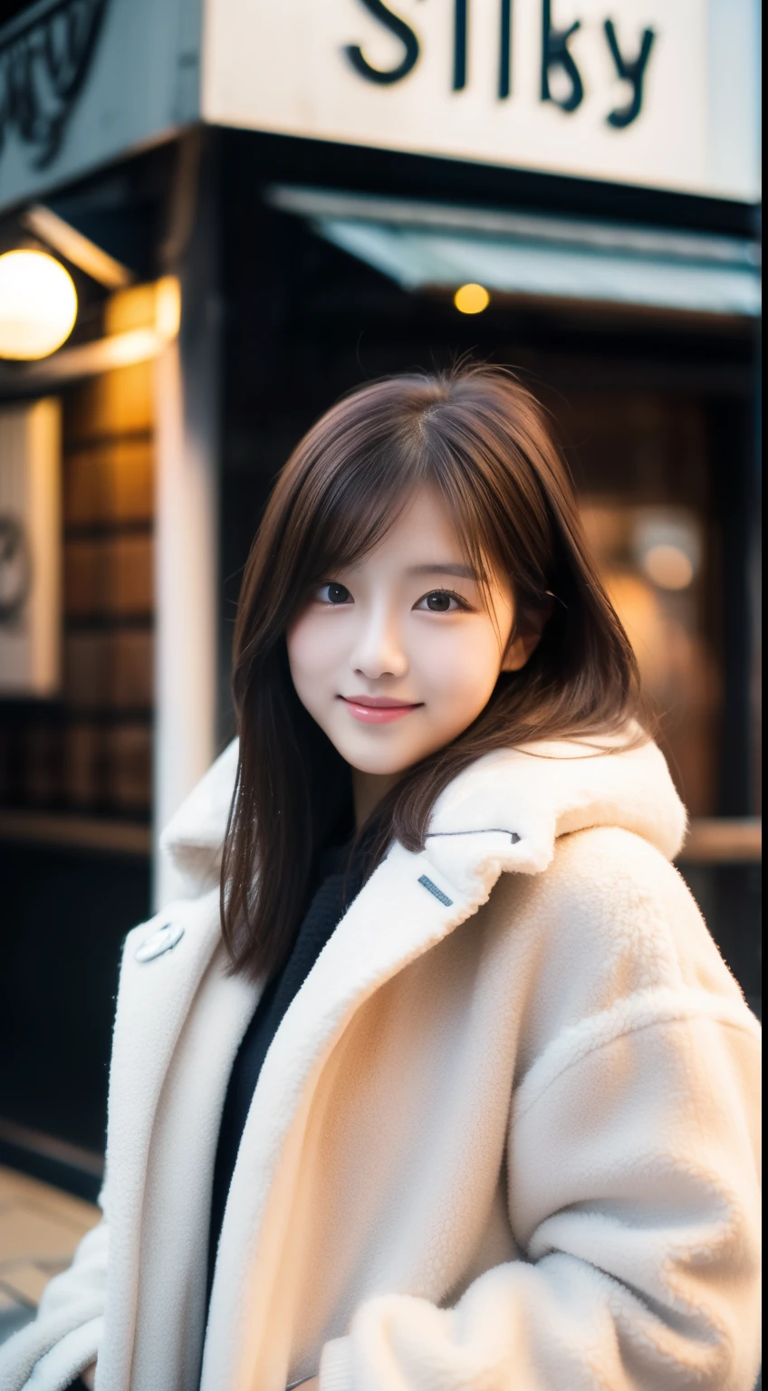 (top-quality、masterpiece、超A high resolution)、(realisitic:1.4)、1girl in、21 years old cute Japan woman、Slimed、(shinny skin)、(silhuette、the front、evening)、Brown hair、length hair、black eyes、(a room)、Top Fashion、(Walking Street、Winter City)、
