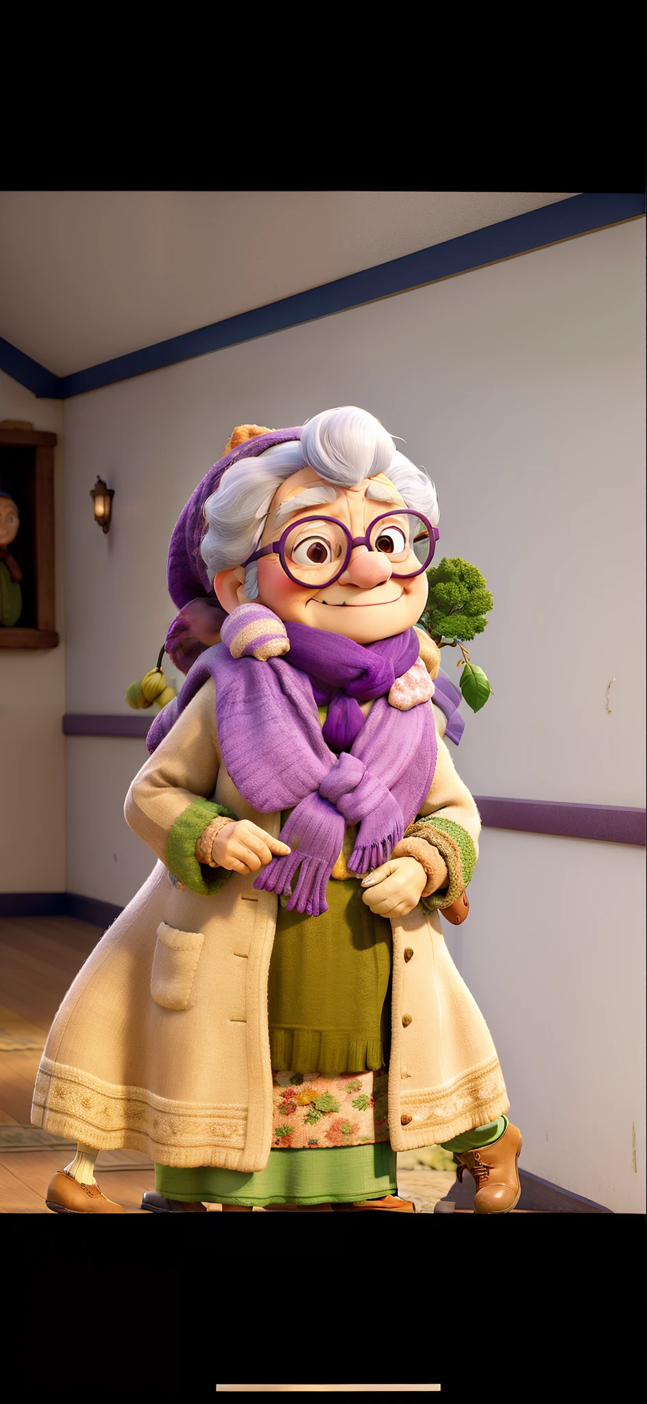masterpiece, best quality, an old woman with glasses and a scarf on, wearing a purple coat and green scarf, standing at the park