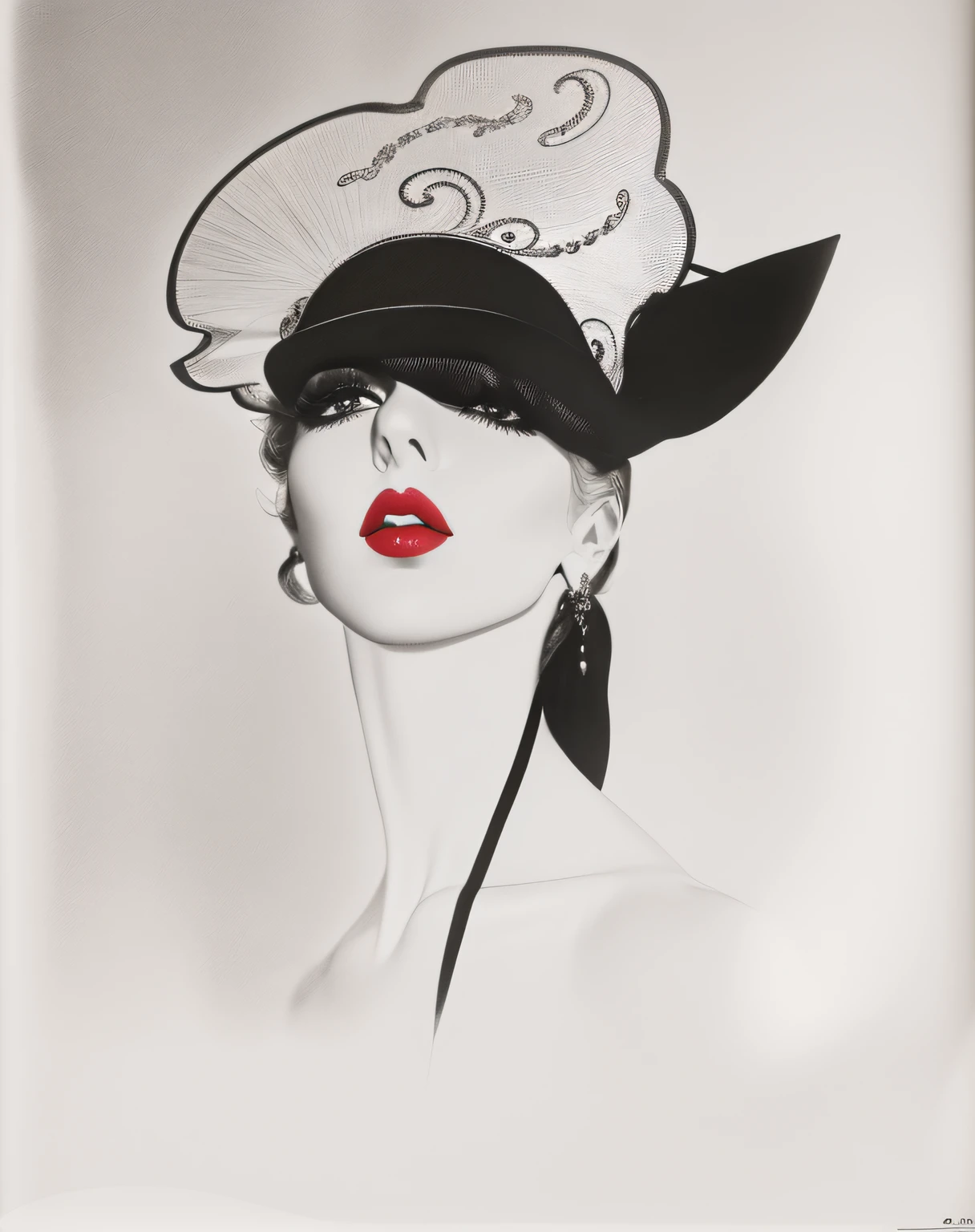 A closeup of a drawing of a woman with a hat in, inspirado em Aubrey Beardsley, Directed by: Jack Boul, inspirado em Georges Lemmen, por Shinoda Shop, Directed by: Gavin Hamilton, inspirado em Man Ray, um desenho a tinta digital, detailed face with red lips, no estilo de cecil beaton, inspirado por Bert Stern, desenho em preto e branco