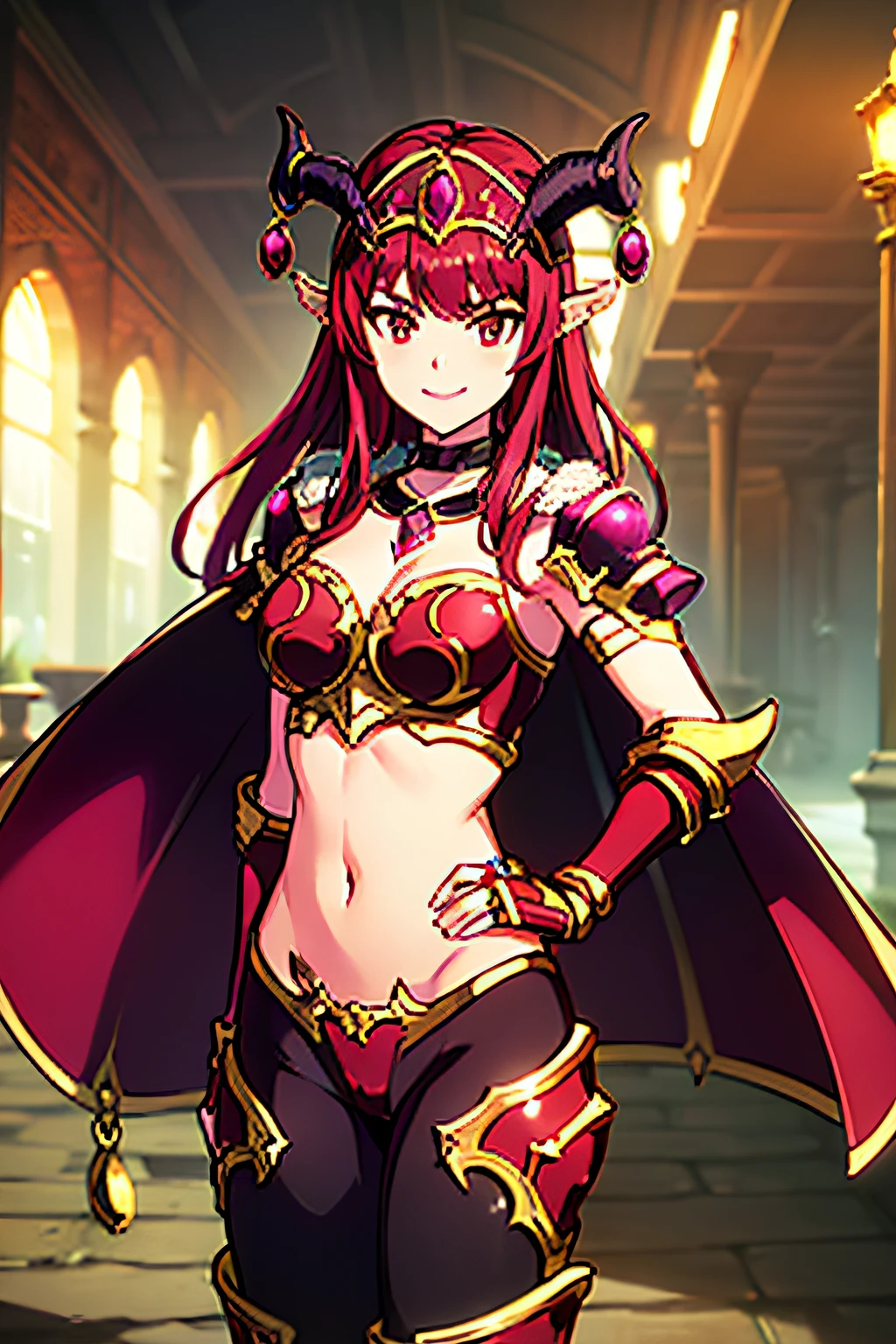 alexstrasza, multi horn, 4 horns, jewelry, headband, choker, necklace, cape, shoulder pads, arm bands, gauntlets, armored bra, armored panties, leggings, thigh armor, armored boots, 1girl, solo, upper body, facing viewer, looking at viewer, smile,