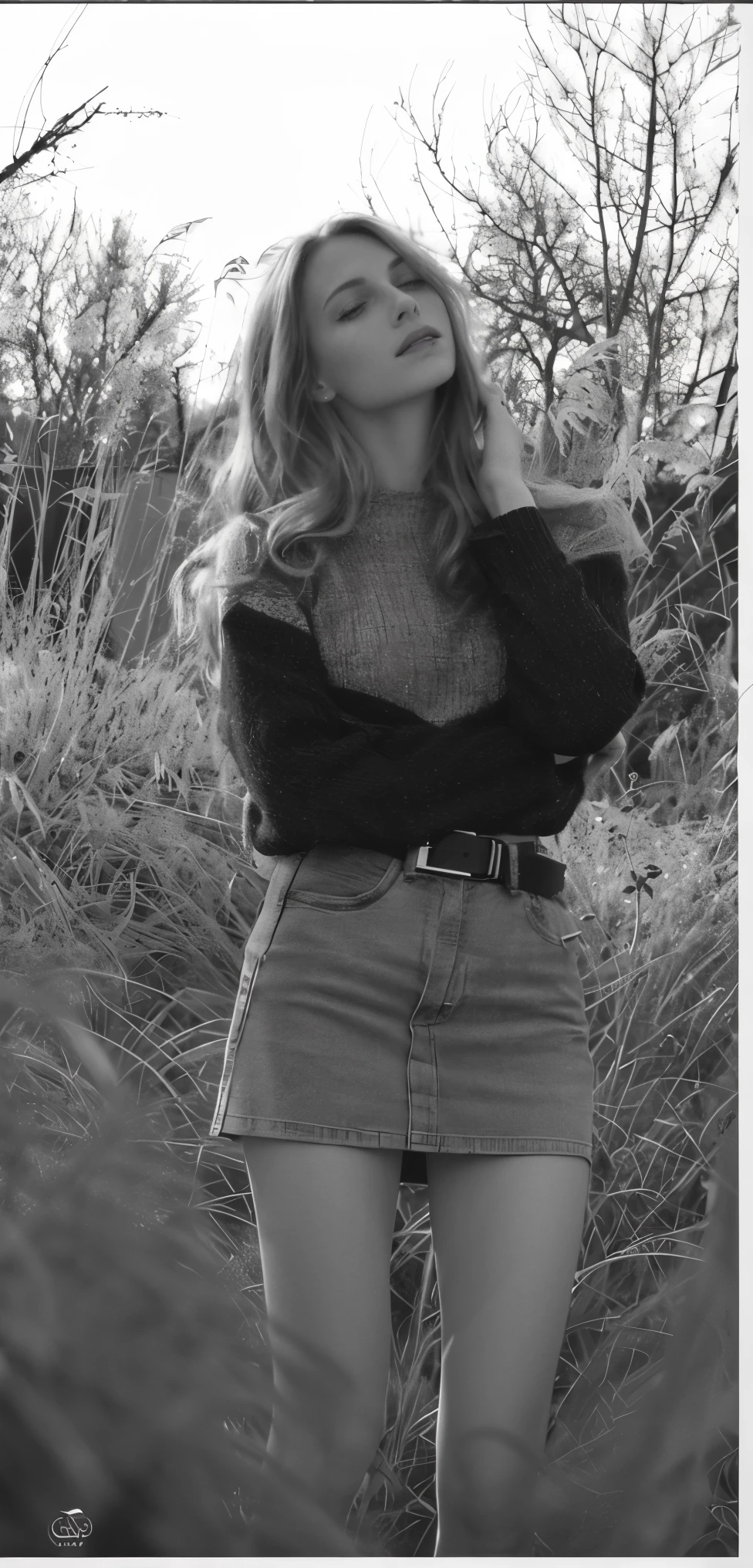 Arafed woman in black and white photo posing in a field, hair light, European face, Cyan eyes, head tilted back slightly, closed his eyes with pleasure (beste-Qualit, Ultra-realism: 1,2), Small volume, Teenage breasts, Flat Breast, Realistic breasts, Small and natural breasts, subtle curves, delicate female physique, Fine contours, Teens Beauty, Petite, Subtle elegance, Soft and smooth skin, Delicate and elastic texture, Pristine Details, Exquisite craftsmanship, Natural appearance, realistic image, Authentic body image of a young girl, Minimalist beauty, Minimalist Image, Gentle Innocence, Blooming Youth, Refined sensuality, Gentle Charm, Discreet charm, clean & Natural Aesthetics, Artistic simplicity, Minimalist art style, Soft pastel palette, soft-lighting, ethereal ambiance, It's definitely worth it, hands on breast