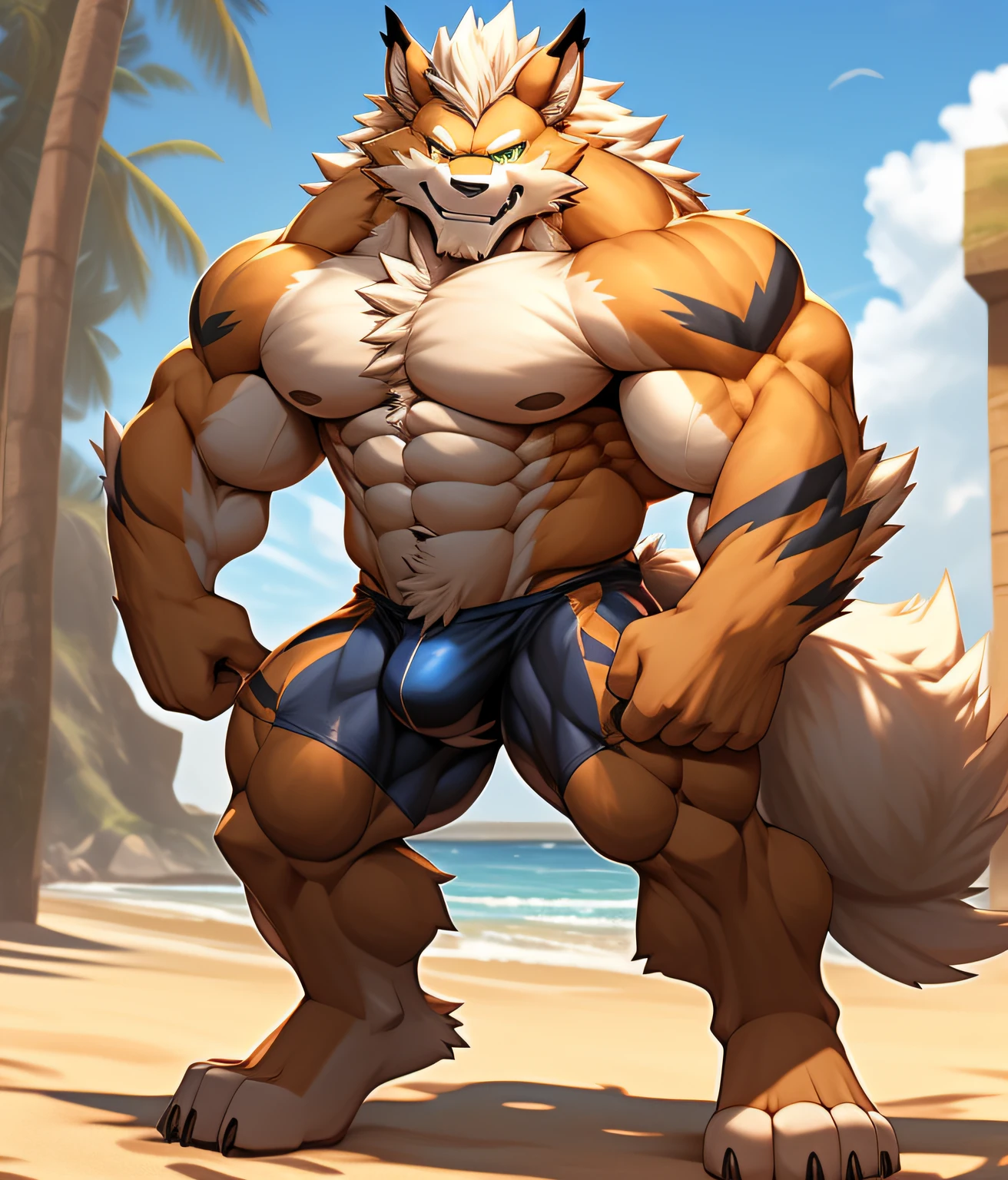 nj5furry, (((BACK))), (((BACK))), (((BACK:1.2))), (((BACK))), (Arcanine, massive, huge, young face, , bodybuilders body), Leomon, ((extremely realistic shadows, masterpiece, extremely detailed, photorealistic)), kemono, young, teen16 years)), firm back, massive back, round butt, firm and shapely buttocks, back, broad shoulders, standing on your back, firm buttocks, round buttocks, shapely buttocks, massive and very muscular back, (((BROWN FUR))) Leomon, ((detailed face)) nose, green eyes, ((detailed eyes)), smile, mischievous smile, mischievous expression, white teeth, mouth slightly open, red tongue, brown skin, brown fur, brown hair, sexy, height 3 meters high, the optimal height, tight clothing, body full of muscles; muscle bulge pecs, bulge in the crotch, massive ripped abs, V-shaped body, thick waist, long legs, strong arms manly, handsome face, attractive cool calm face type with a cold smile, bodybuilder body, topless. Beach, ruins of a Jedi temple behind him; bulge in the crotch, wears a tiny thong that reveals huge, muscular thighs, bulge biceps, looking at viewer.