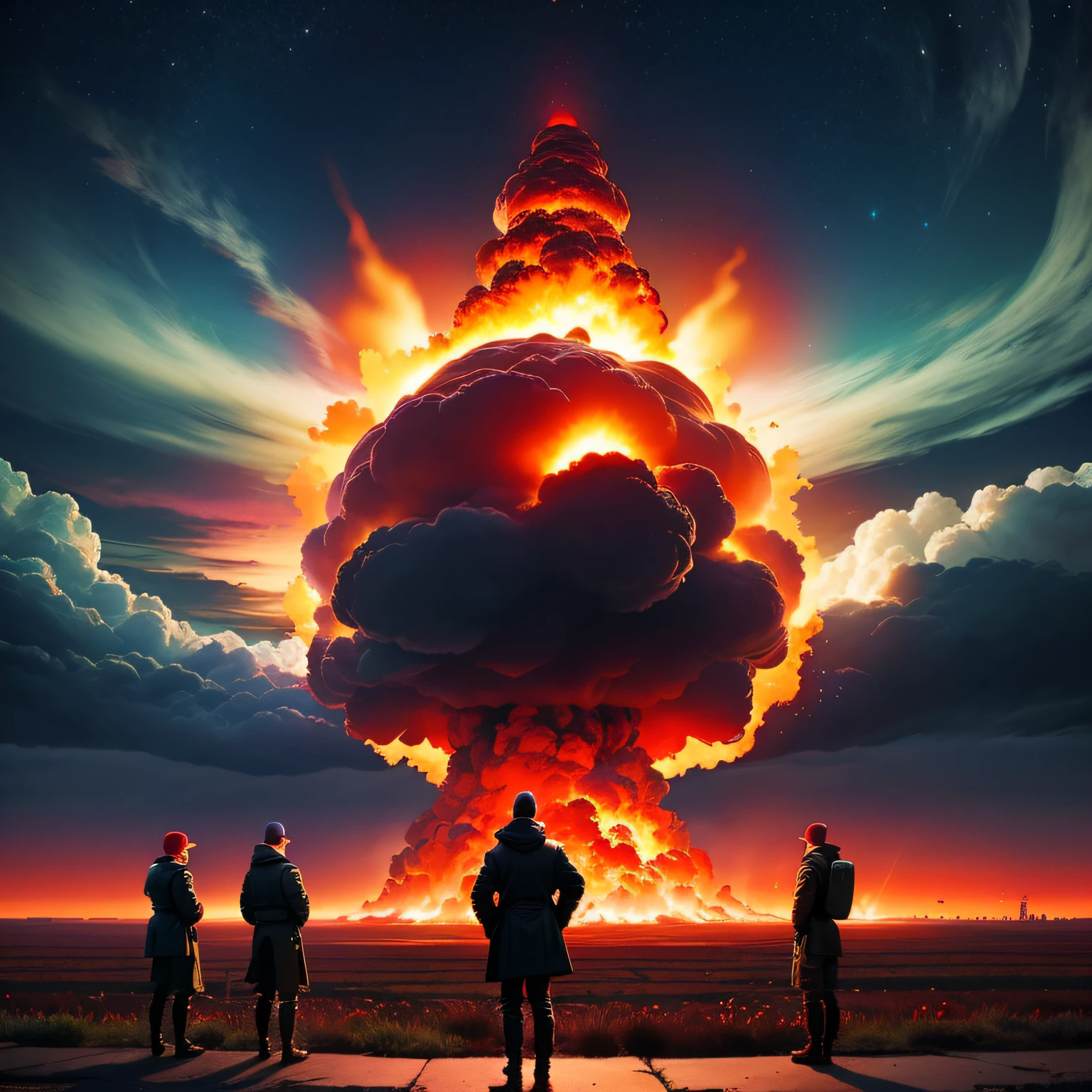 arafed image of a man standing in front of a nuclear explosion, in front of a nuclear explosion, looks at the nuclear explosion, nuclear explosion!!!, nuclear apocalypse, nuclear explosions paint sky, nuclear explosion on the horizon, nuclear explosion, nuclear bomb blast, atomic explosion, nuclear fallout, nuclear attack, surreal nuclear eclipse blast, apocalyptic setting, world ending nuke