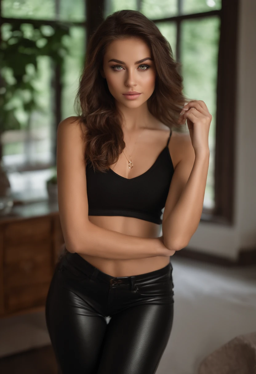 (romanian girl) (skinny) (realistic) (dirty brown hair) (photo realism) (beautiful) (instagram picture) (in luxury modern miami mansion) (living room) (black top) (nighttime)