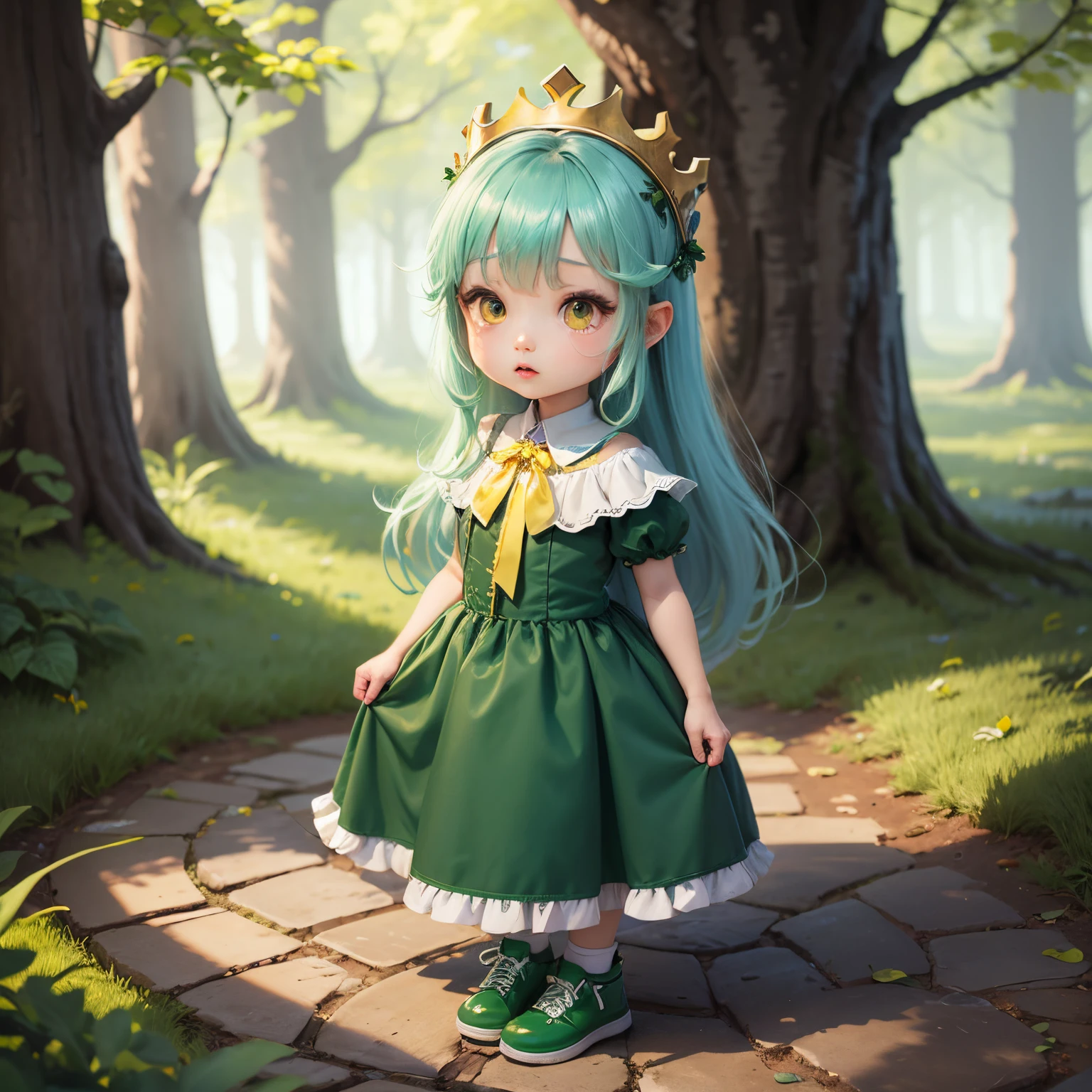 masterpiece、top-quality、ultra-detailliert、(chibi character grandma:1.2)、wrinkled、Stains、Green long hair、green dress with ruffles and peplum、green crown、Green shoes、(there is a yellow flag:1.37)、fairy tale forest、crosswalk