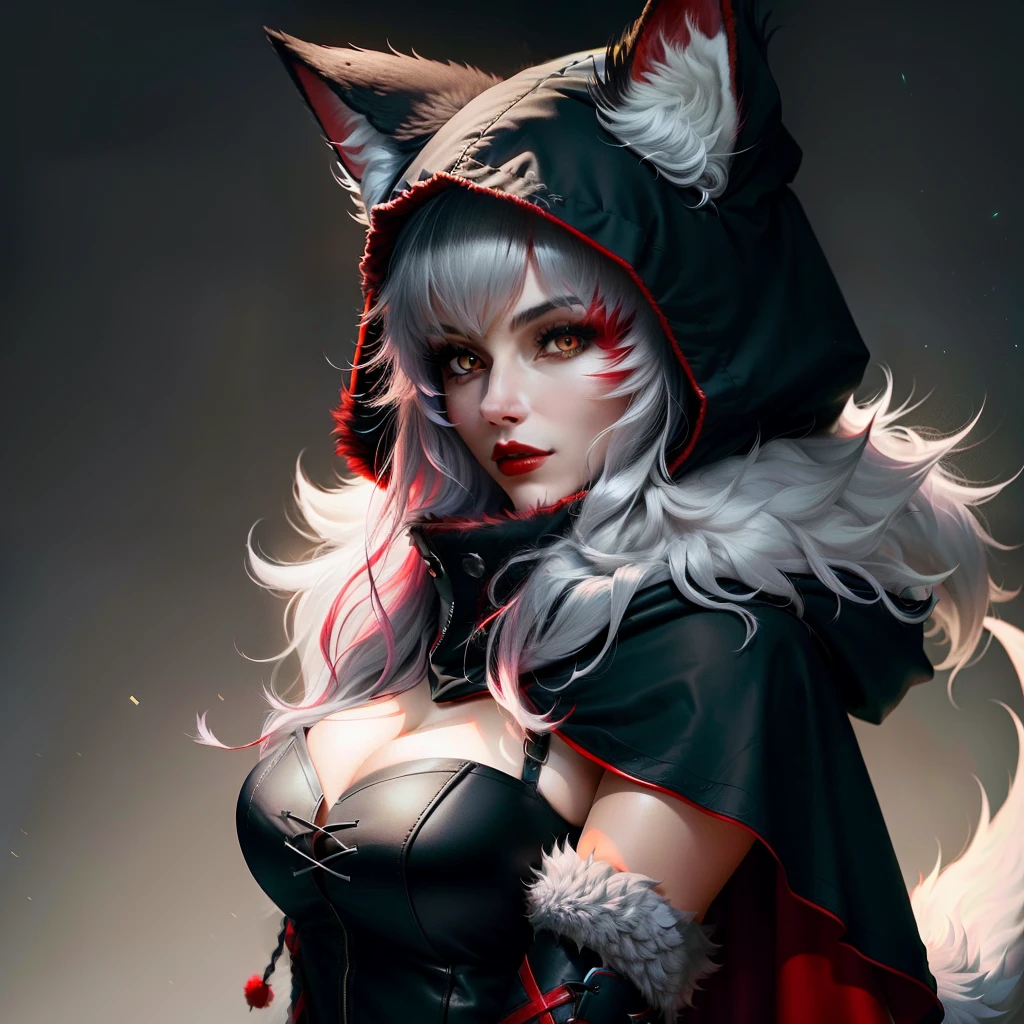 foxfolk woman, grey fur with a red tipped fluffy tail and ears. black rouge like clothing and hood