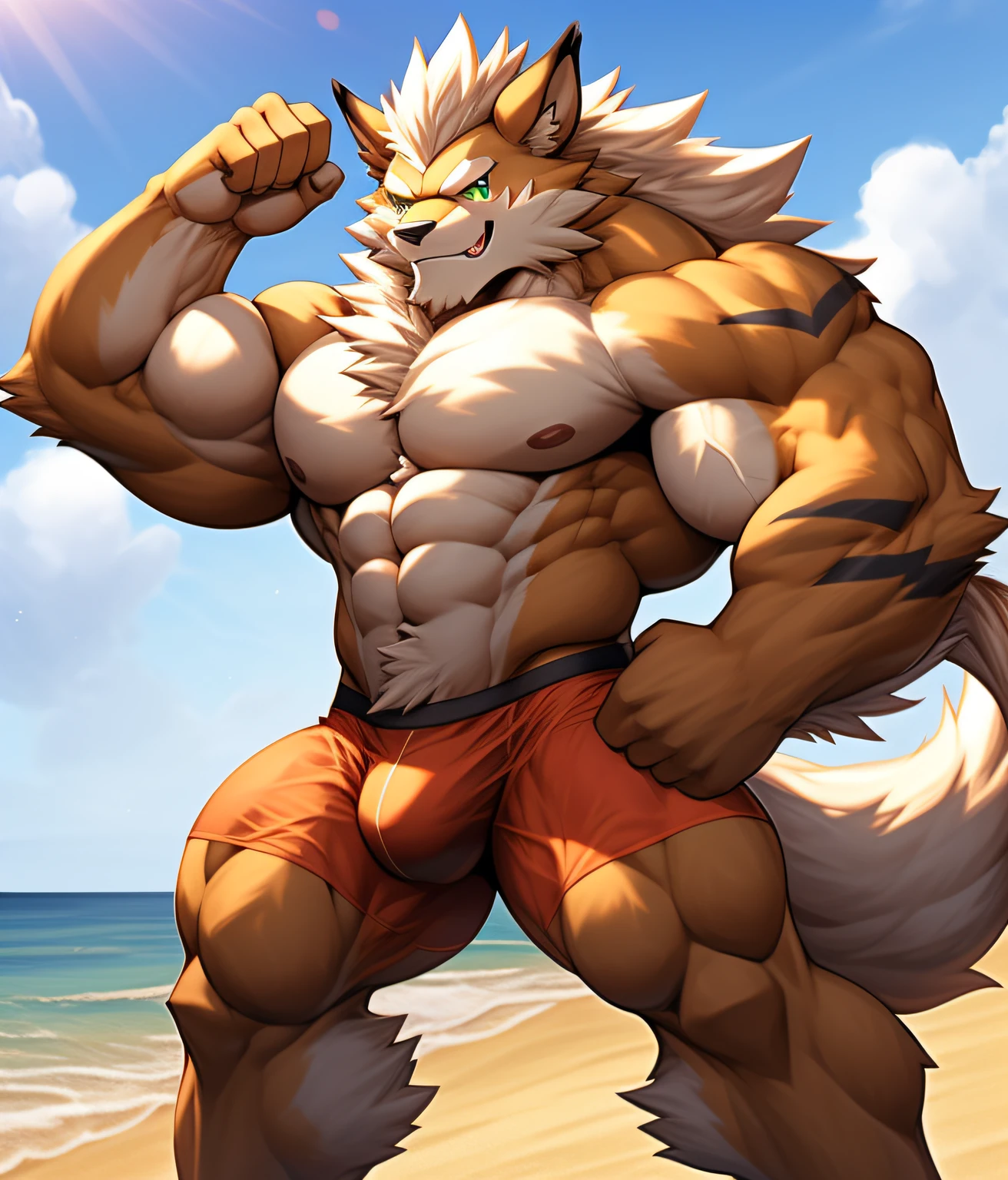 nj5furry, (((BACK))), (((BACK))), (((BACK:1.2))), (((BACK))), (Arcanine, massive, huge, young face, teen, bodybuilders body), Leomon, ((extremely realistic shadows, masterpiece, extremely detailed, photorealistic)), kemono, young, , ((16 yfirm back, massive back, round butt, firm and shapely buttocks, back, broad shoulders, standing on your back, firm buttocks, round buttocks, shapely buttocks, massive and very muscular back, (((BROWN FUR))) Leomon, ((detailed face)) nose, green eyes, ((detailed eyes)), smile, mischievous smile, mischievous expression, white teeth, mouth slightly open, red tongue, brown skin, brown fur, brown hair, sexy, height 3 meters high, the optimal height, tight clothing, body full of muscles; muscle bulge pecs, bulge in the crotch, massive ripped abs, V-shaped body, thick waist, long legs, strong arms manly, handsome face, attractive cool calm face type with a cold smile, bodybuilder body, topless. Beach, ruins of a Jedi temple behind him; bulge in the crotch, wears a tiny thong that reveals huge, muscular thighs, bulge biceps, looking at viewer. Opening legs、Large bulge、Raised bulge、Bulging erection、low angles