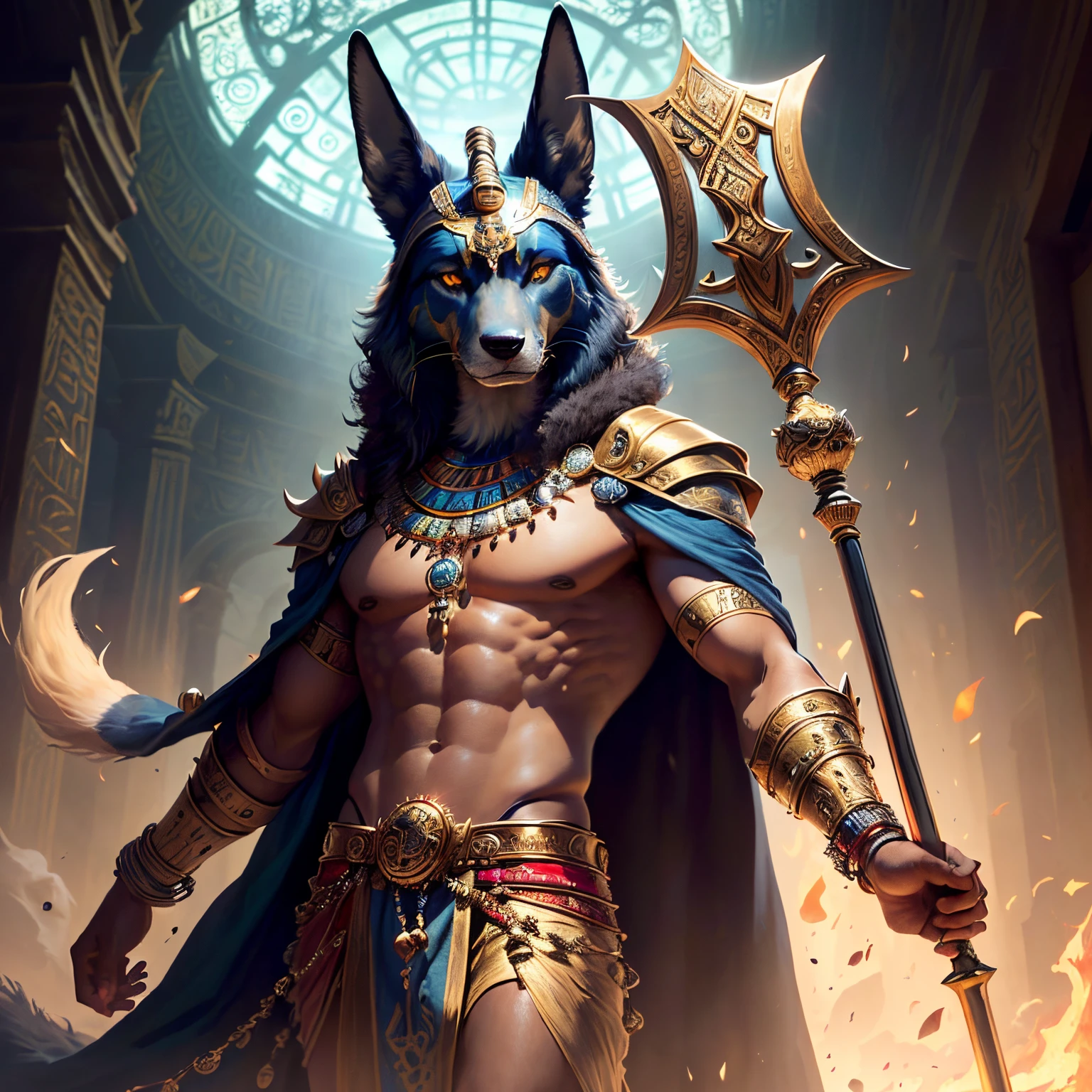 An ultra-realistic depiction of Anubis, the ancient Egyptian god of the afterlife. The deity is typically portrayed as a man with the head of a jackal or dog. He is often shown wearing a traditional Egyptian skirt and holding an ankh, a symbol of life, in one hand, and a staff in the other. His eyes should be fierce yet wise, indicating his supremely important role in the journey of souls. Please give attention to minuscule details like the texture of his fur, the fabric of the clothes, and intricate jewelry.