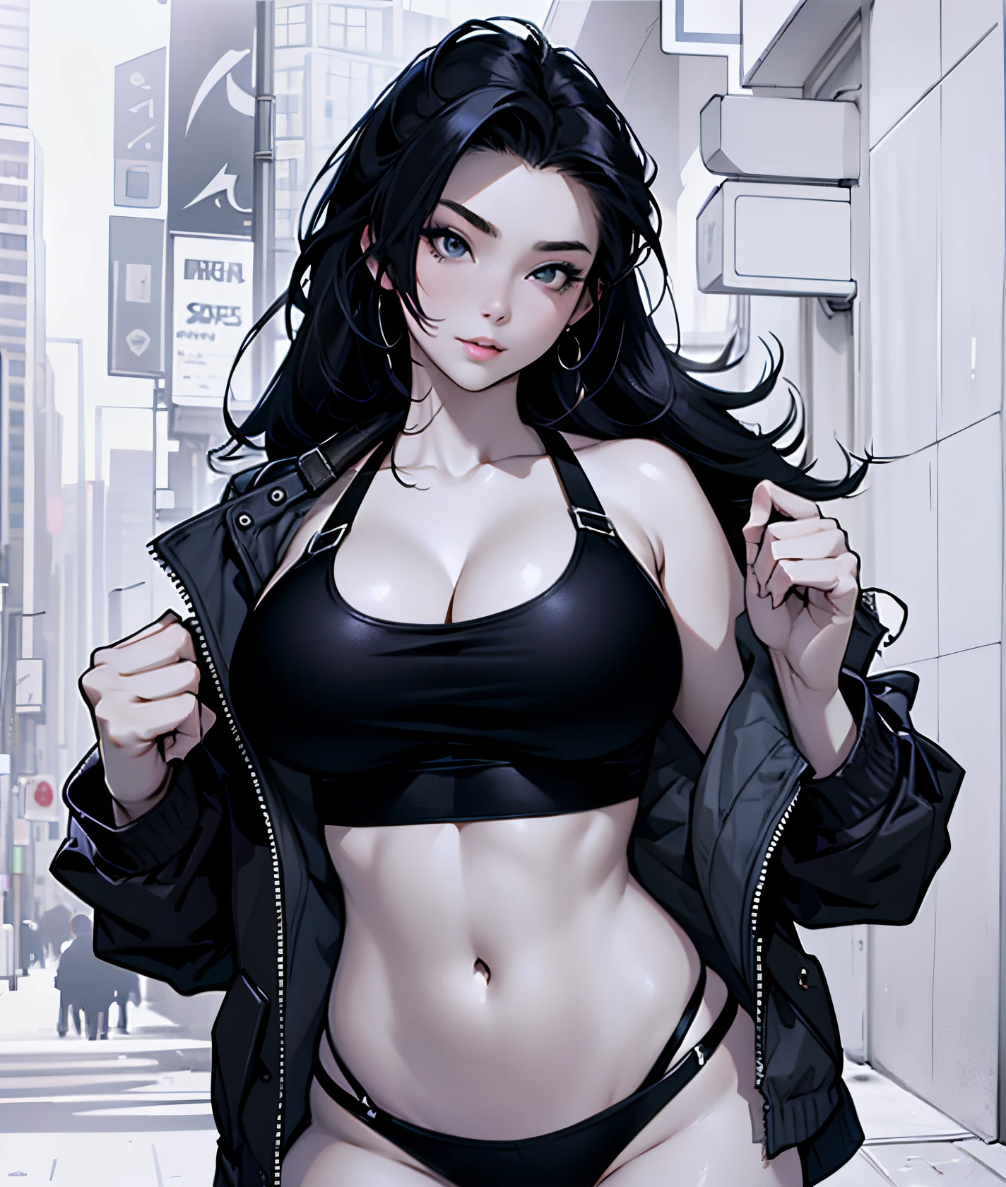 1 girl, masterpiece, Masterwork, Best Quality, ultra-detailed, dynamic lighting, beautiful woman, hot girl, perfect face, buxom, gigantic boobs, sexy body, Curvy, downtown background, flirty pose