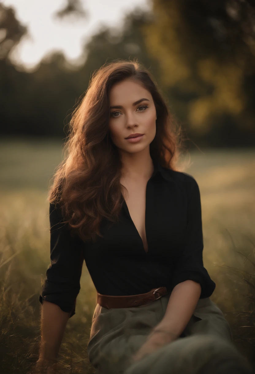 arafed woman with black clothes, sexy girl with brown eyes, portrait sophie mudd, brown hair and large eyes, selfie of a young woman, violet myers, without makeup, natural makeup, looking directly at the camera, face with artgram, subtle makeup, stunning full body shot, at the park, cleavage