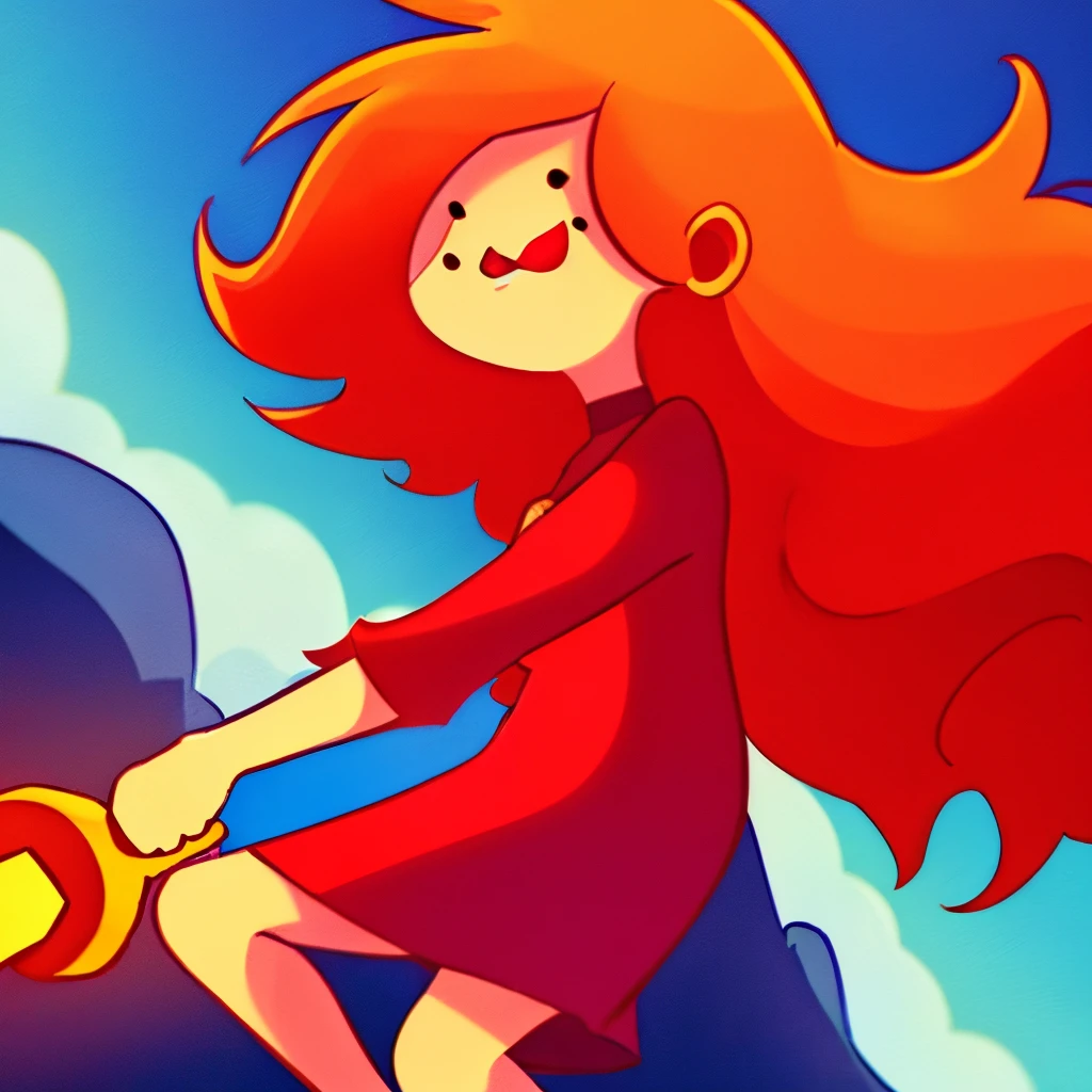 A girl from the fire kingdom from adventure time, long red fire hair, freckles, red dress, adventure time cartoon, adventure time, adventure time style, in the world of adventure time, adventure time colour palette, cartoon network style, cartoon network, cartoon network stillframe, animated series, animated cartoon series,