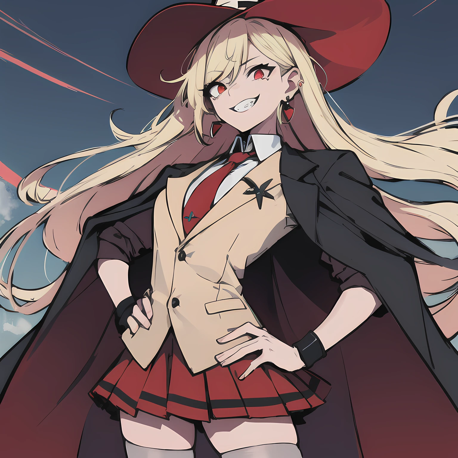 (absurdres, 8k, 4k, masterpiece, hyper extreme detailed:1.2), solo, 1girl, side view, perfect face, 1girl, portrait, looking at viewer, standing, Female, Mature Female, very long hair, 8k uhd, 1girl, cowboy shot, standing, full body, front view, red tie, night sky, stockings, big witch hat, witch, blonde hair, piercings, earrings, detailed eyes, expressive eyes, colorful pupils, blazer, skirt, fang tooth, red eyes, earrings, hand on hip, flat chest, looking forward, forward view, messy hair, wind, windy, moving hair, moving clothes, swept bangs, mature body, gyaru, cloak, looking forward, fang, toothy grin,