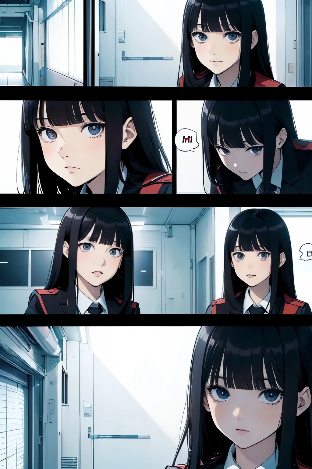 (8k), ((masterpiece)), best quality, expressive eyes, perfect face, ((four manga panels)) in panel 1girl in school uniform and black hair with blunt bangs, ((Dialogue bubbles)), ((dynamic use of space in manga))