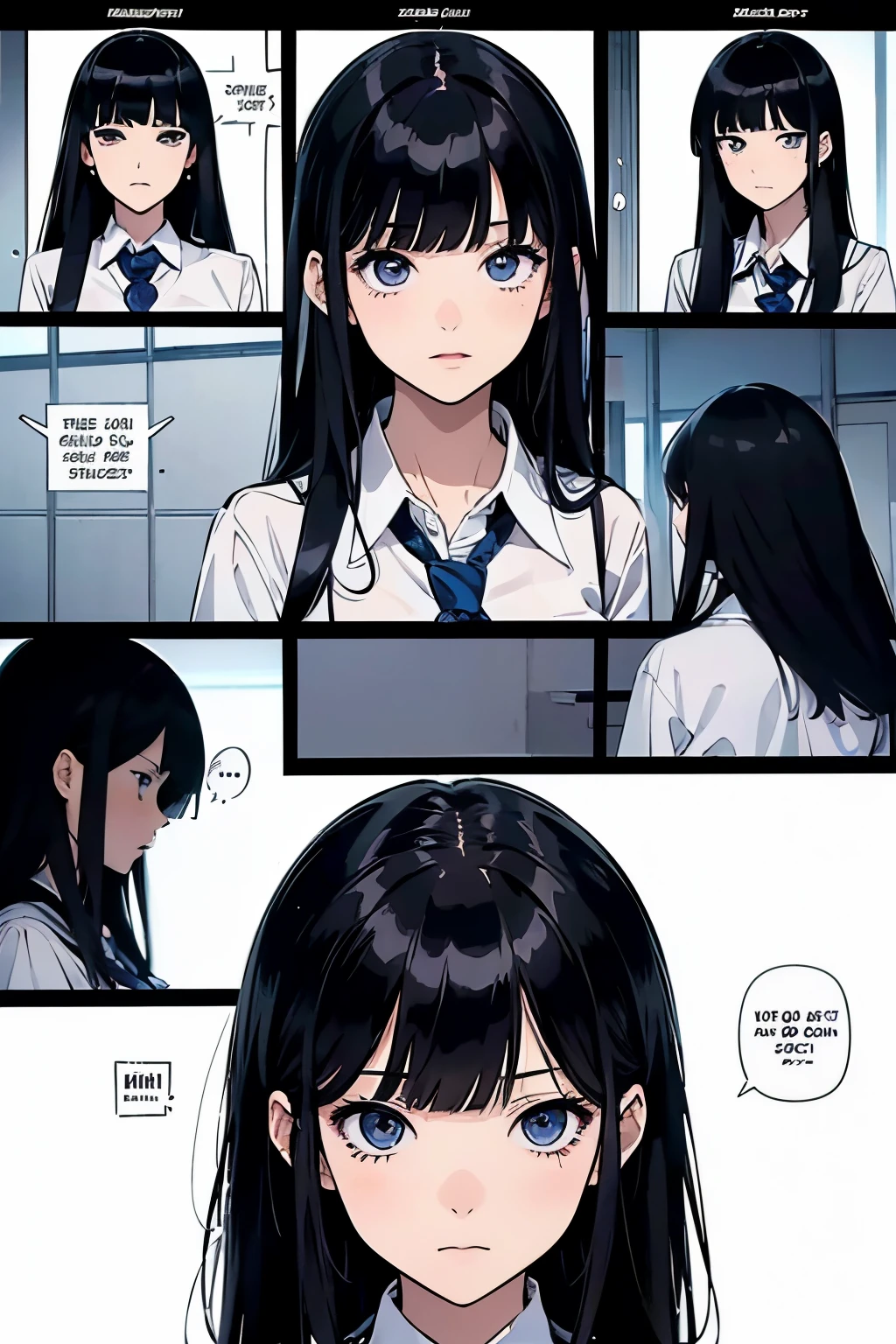 (8k), ((masterpiece)), best quality, expressive eyes, perfect face, ((four manga panels)) in panel 1girl in school uniform and black hair with blunt bangs, ((Dialogue bubbles)), ((dynamic use of space in manga))