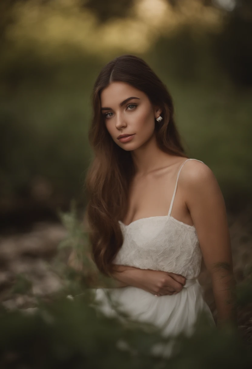 arafed woman with white dress, sexy girl with brown eyes, portrait sophie mudd, brown hair and large eyes, selfie of a young woman, violet myers, without makeup, natural makeup, looking directly at the camera, face with artgram, subtle makeup, stunning full body shot, near river, cleavage