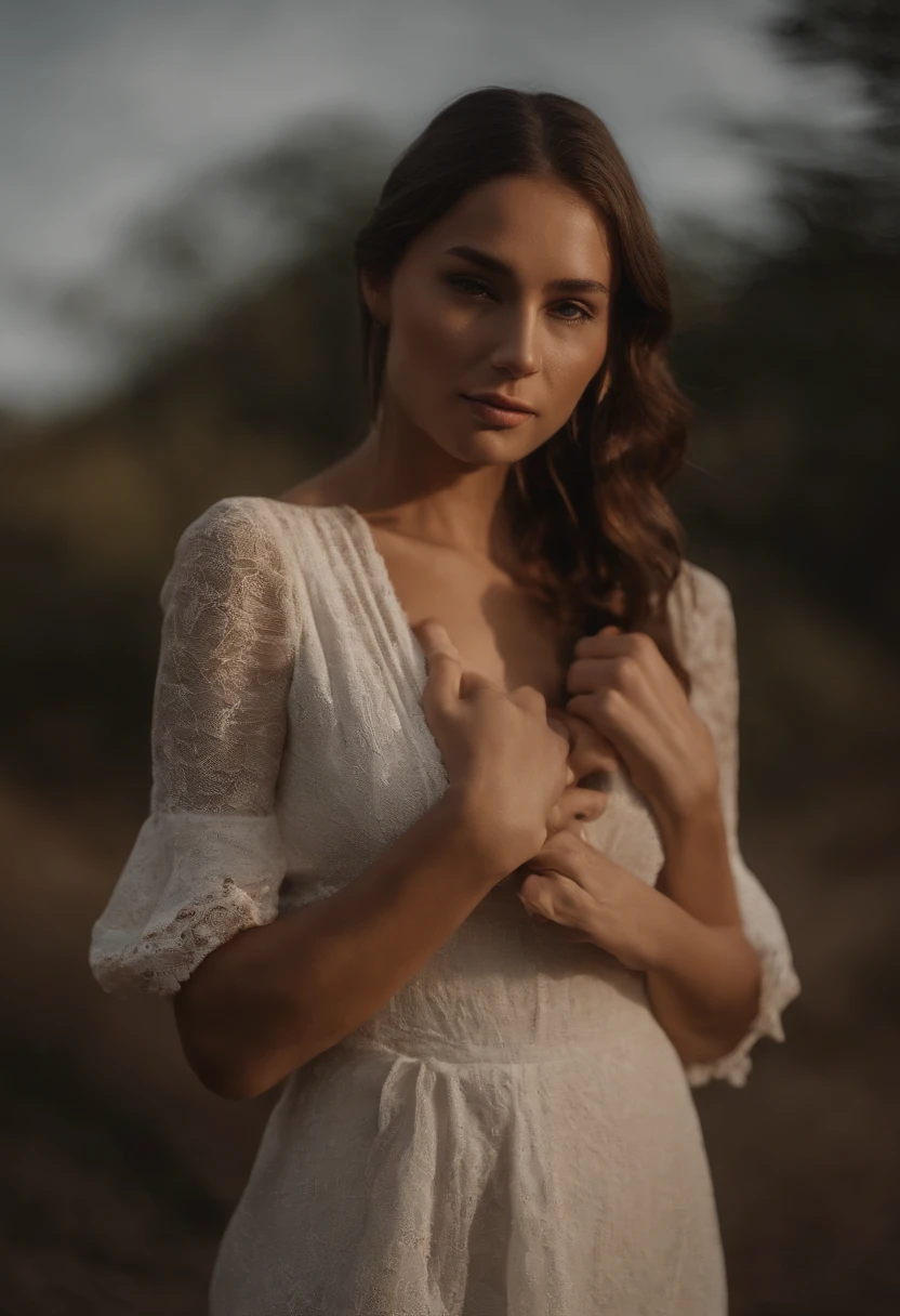 arafed woman with white dress, sexy girl with brown eyes, portrait sophie mudd, brown hair and large eyes, selfie of a young woman, violet myers, without makeup, natural makeup, looking directly at the camera, face with artgram, subtle makeup, stunning full body shot, near river, cleavage