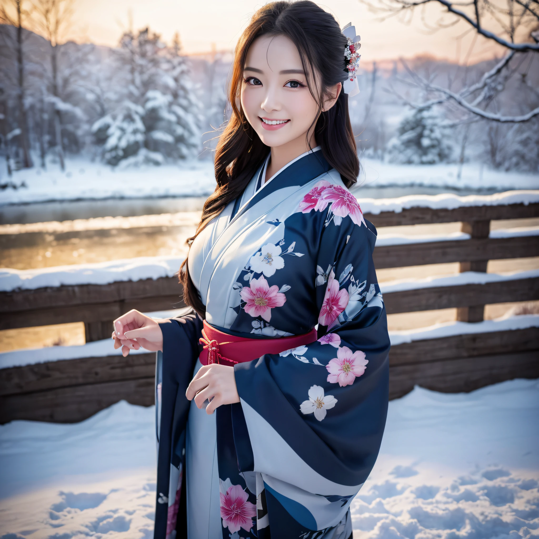 (Super beautiful woman in kimono)、((best qualtiy、8k masterpieces:1.3))、foco nítido:1.2、(ultra beautiful faces:1.0)、(shinny skin:1.0)、photos realistic、A dark-haired、Video Lighting、High-definition eyes and face、Video Lighting、Japanese actressl、from the front side、medium breasts、With a happy smile、Slender Abs Beauty、Whole body、wearing kimonos、In a snowy landscape in the middle of winter、finest obi