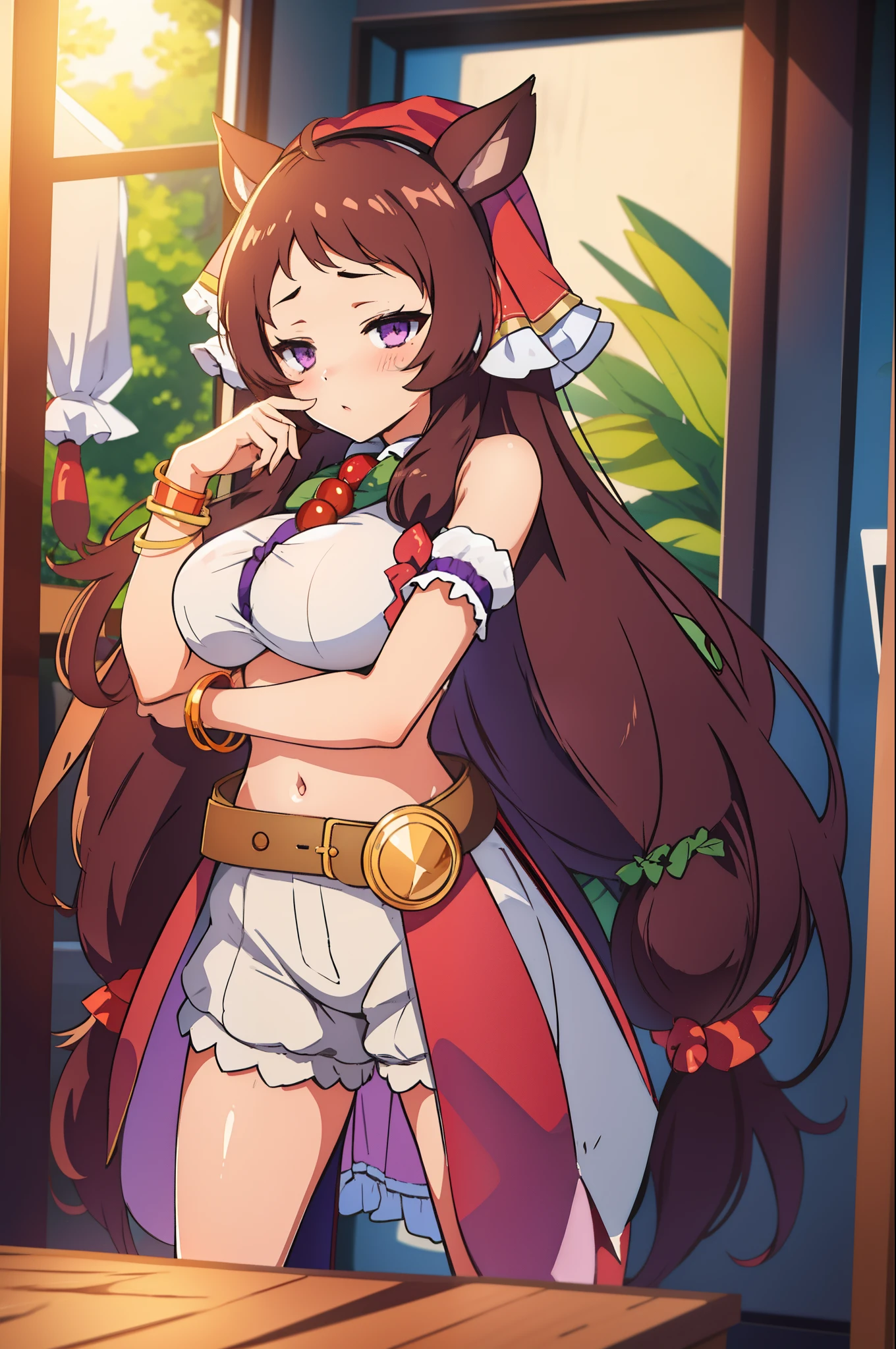 Daiichi Ruby \(Umamusume\),super detailed face, masterpiece, highest quality, slightly angry face, blush, wave hands, ((super detailed face)), slender girl, whole body, (((In underwear))),horse tail, light smile, fine and clear eyes, (small breasts),bra,panties,((nsfw))