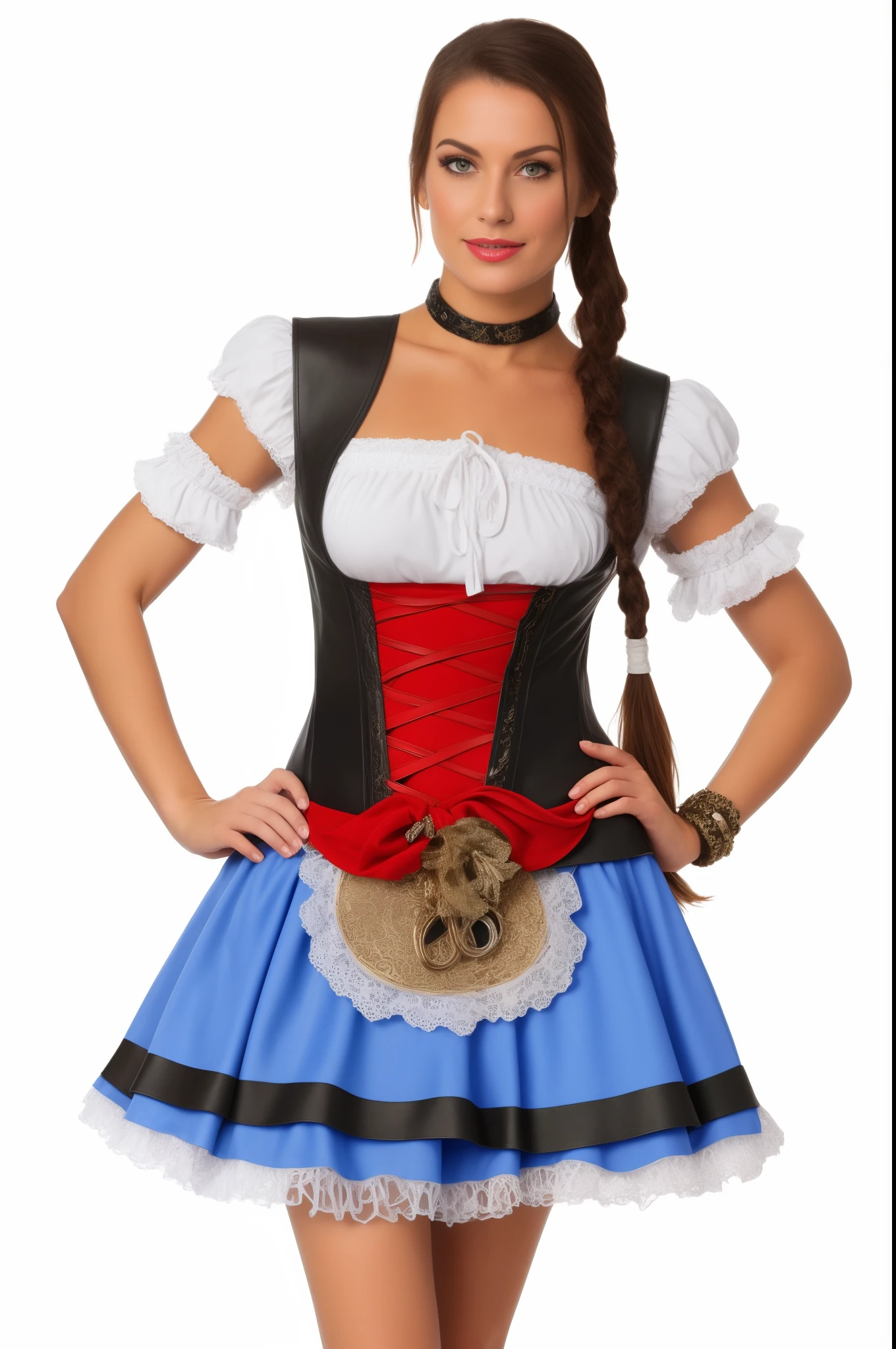 a woman in a black and red leather skirt and a black leather bodice, fit muscled Hardbody, perfect boobs, perfect face, perfect eyes, Costume with red accents, Festival costume, high-quality costume, Tracht, Beautiful costume, Authentic costume, inspiriert von Bernd Fasching, Beautiful , Oktoberfest, Tracht, Rosen Jungfrau, Trachtenkleid, Dienstmagd, blaues Korsett, Costumes