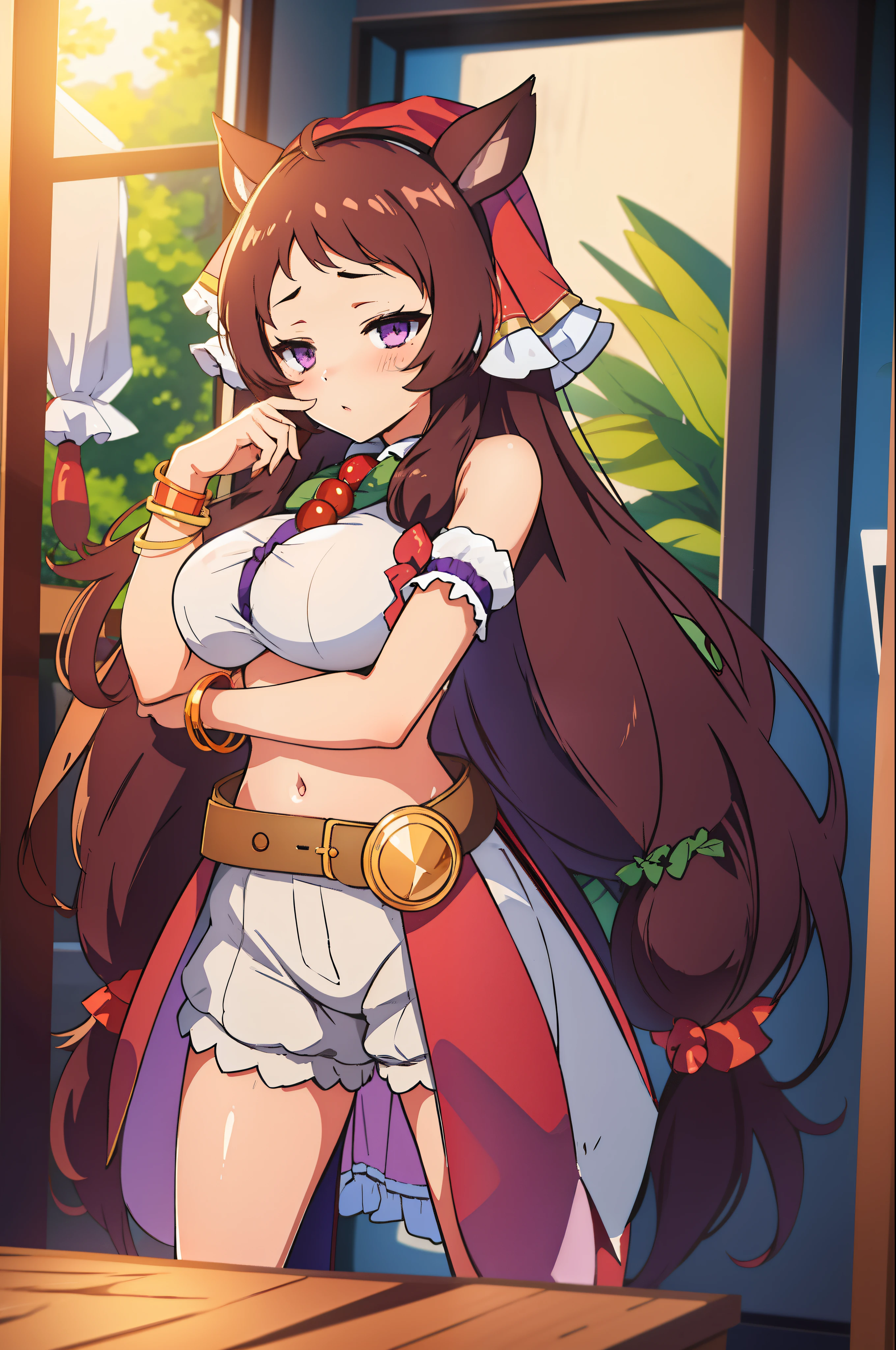 rice shower\(umamusume\)),(masterpiece),shape,brown hair,long hair,purple eyes,flowing bangs,long bangs,long hair,small breasts,hair covers right eye, smile,looking at the viewer,((highly detailed eyes)), (((bikini))), masterpiece, highest quality, (abnormal body, small breasts, horse tail,smile, pool, whole body, frontage, hot pants,spread legs, legs up,((nsfw))