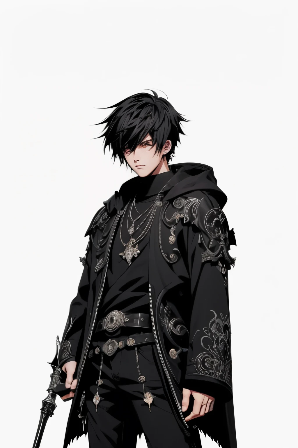 Anime style illustration of a guy with (cabelo preto) e (olhos vermelhos) (terno preto de luxo), caprichoso, JRPG, charmoso, emocionalmente, ambiente detalhado, genial, imaginativo , visualmente rico, atmospheric, ampliado, flat lighting, 2d, desenho animado, vetor, arte de MSchiffer, melhor qualidade, best resolution