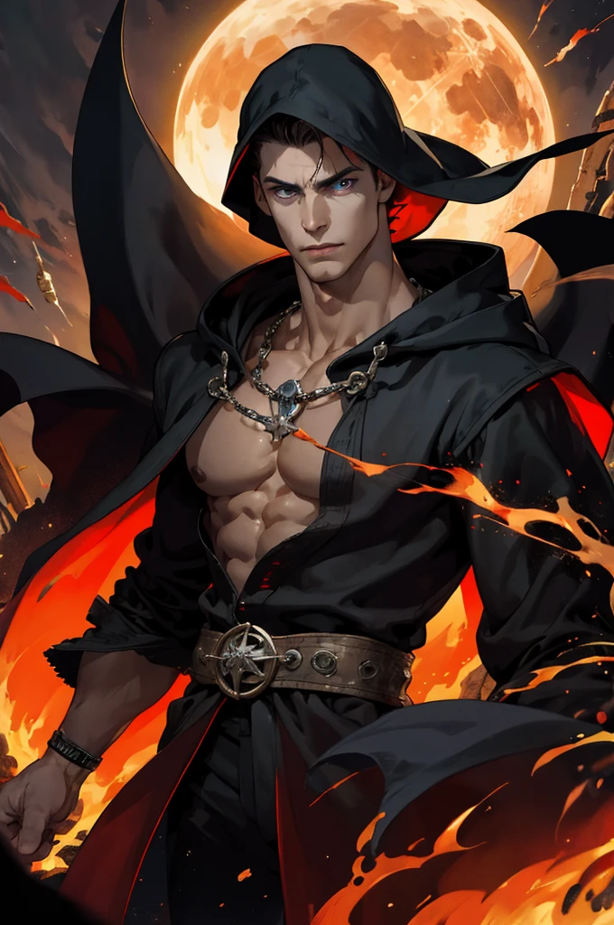 (absurdres, highres, ultra detailed), 1 male, mature, aged up, handsome, tall muscular guy, broad shoulders, very short hair, undercut, aquamarine eyes, finely detailed eyes and detailed face, extremely detailed CG unity 8k wallpaper, intricate details, (style-swirlmagic:0.8),   portrait,  looking at viewer, solo, (full body:0.6), dynamic pose, detailed background, madness in eyes, hovering in the air, necromancer, evil to the core,  red clouds, casting a spell, fireball, hooded dark robe, dark circlet, underworld,  warhammer theme, bringer of the false light,    dark clouds, floating pieces of dirt,   decadence, evil energy emanating,  dark aura, broken ????????,    , cowboy shot