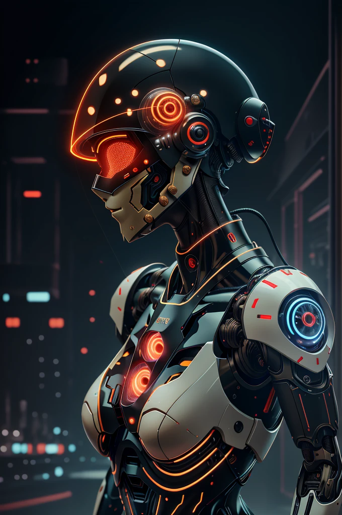 a close up of a mshn robot , futobot, cyborg , wearing cyberhelmet, 6 glowing eyes , white female body and armor, mshn factory, tubes connected to neck, neon light
photorealistic, masterpiece, best quality, 35mm film, film grains, cyberpunk,EbonyGoldAI