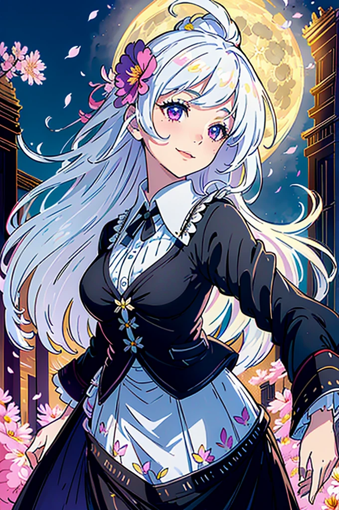 masterpiece, best quality,
1girl, (colorful),(finely detailed beautiful eyes and detailed face),cinematic lighting,bust shot,extremely detailed CG unity 8k wallpaper,white hair,solo,smile,intricate skirt,((flying petal)),(Flowery meadow)
sky, cloudy_sky, building, moonlight, moon, night, (dark theme:1.3), light, fantasy,
