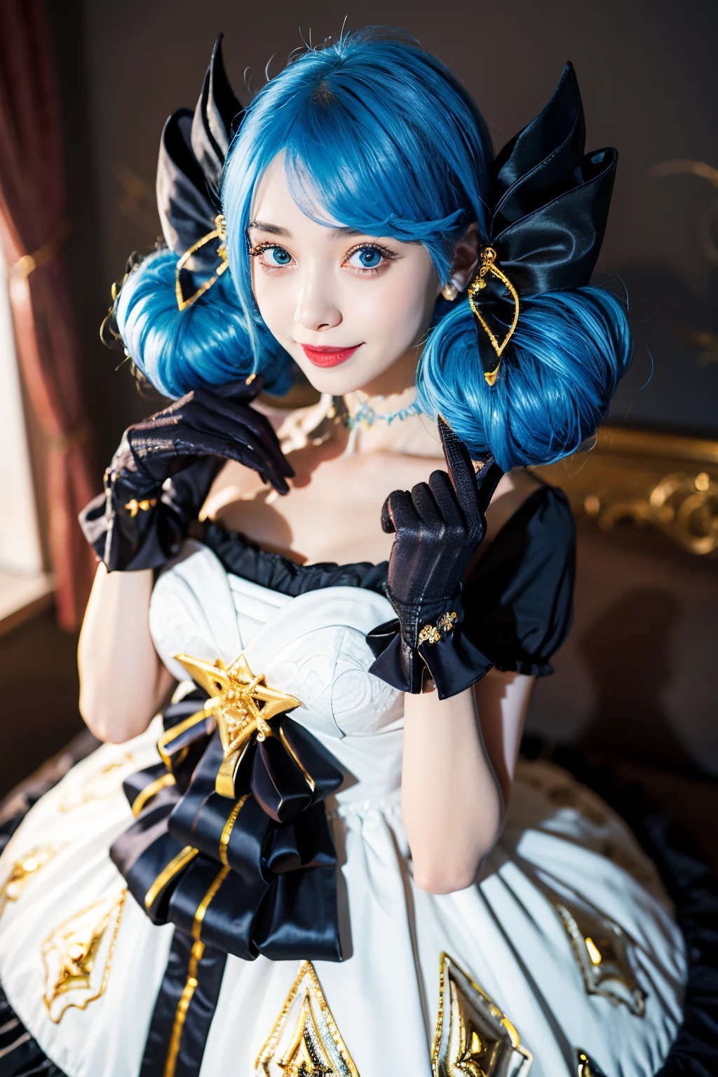 1girl in, absurderes, Black bow, Black Gloves, Black legwear, Blue eyes, Blue hair, Bow, Clarkbourne, Dress, Drill Hair, frilly dress, frilld, gloves, Gwen\(League of Legends), Hair Accessories, hight resolution, League legends, Long hair, cracked lips, puff sleeves, pink pupils, Smile, Solo, White Dress, X, × Hair Accessories, mid-chest, Indoor, semi-