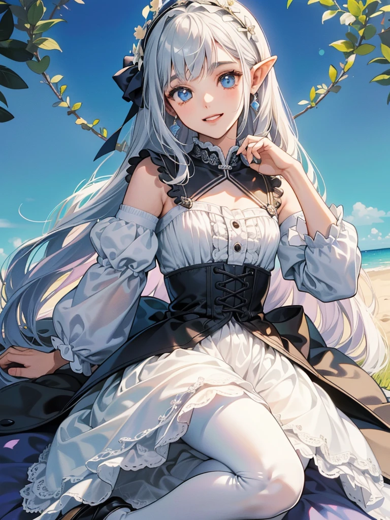 (Elvish, menina adolescente, sozinho, postura corporal plena, loira-platina,bicaudal, olhos azuis, Sorriu, Greetings in Curtsy),  
(blusa branca, Gola Redonda, colarinho babado, manga comprida), 
(Blue Gothic Loridrest, Shoulder buttons, saia na altura do joelho), 
(white tights),
(Floreiras de renda brancas),
(Sapatos pretos esmaltados, Corda, salto baixo),
Fundo estilo Mucha