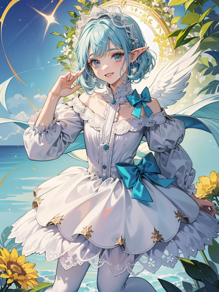 (Elvish, menina adolescente, sozinho, postura corporal plena, loira-platina,bicaudal, olhos azuis, Sorriu, Greetings in Curtsy),
(blusa branca, Gola Redonda, colarinho babado, manga comprida),
(Blue Gothic Loridrest, Shoulder buttons, saia na altura do joelho),
(white tights),
(Floreiras de renda brancas),
(Sapatos pretos esmaltados, Corda, salto baixo),
Fundo estilo Mucha